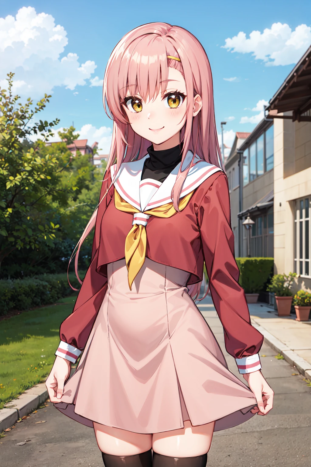 masterpiece,best quality,highres,ultra-detailed,katsura hinagiku,long hair,hairband,school uniform,serafuku,sailor collar,(dress:1.1),pink dress,neckerchief,shirt,long sleeves,skirt,long skirt,thighhighs,black thighhighs,<lora:katsura_hinagiku:0.9>,(skirt lift:1.4),(blush:1.2),(embarrass:1.4),outdoors,garden,bike shorts,