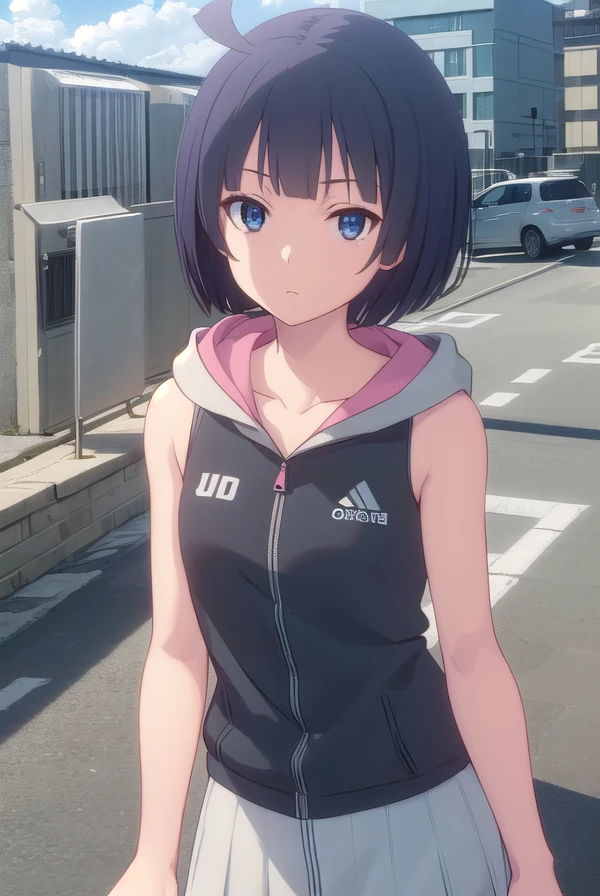 toukakishi, <lora:touka kishi hnu-lora-nochekaiser:1>,
touka kishi, short hair, black hair, bob cut, bangs, blunt bangs, (black eyes:1.3), ahoge,
BREAK skirt, hood, hoodie, sleeveless, hood down, sleeveless hoodie,
BREAK outdoors, city, sun, clouds,
BREAK looking at viewer, (cowboy shot:1.5),
BREAK <lyco:GoodHands-beta2:1>, (masterpiece:1.2), best quality, high resolution, unity 8k wallpaper, (illustration:0.8), (beautiful detailed eyes:1.6), extremely detailed face, perfect lighting, extremely detailed CG, (perfect hands, perfect anatomy),