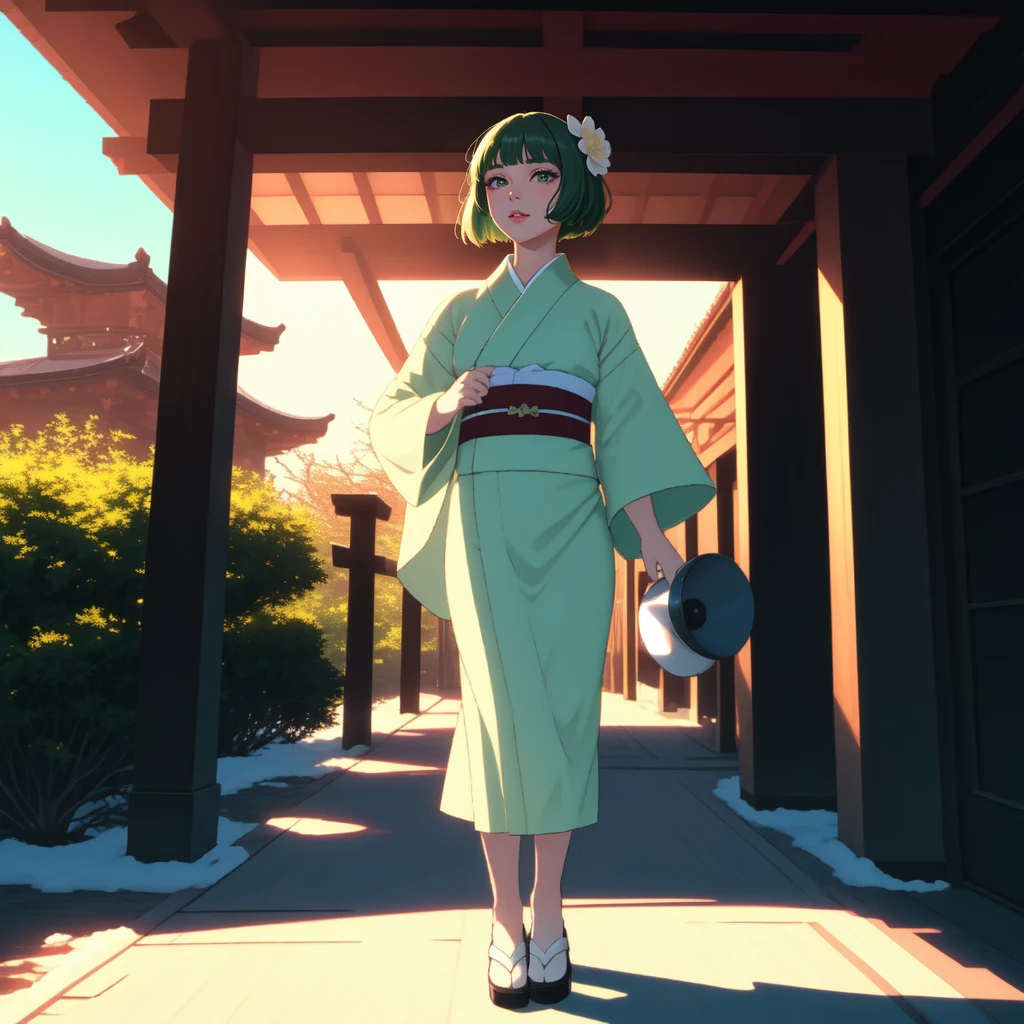 full body shot of a girl (yelling through a megaphone:1.3)
BREAK (light green hair, green eyes:1.3), bobcut with blunt bangs
BREAK wearing a (white kimono:1.3) with floral patterns, a single white flower in her hair
BREAK standing next to a zen garden in winter, snow, pagoda in the distance, torii gates
BREAK art by Monet