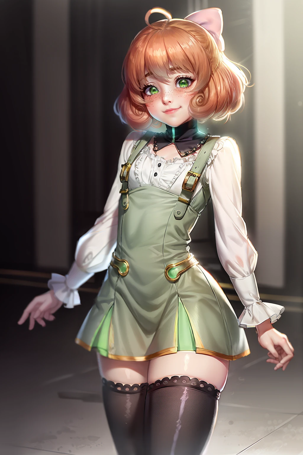 (ultra detailed 8k cg, ultra realitsic, cinematic lighting, cinematic bloom, professional photography:1.2), 1girl, solo, masterpiece, best quality, high quality, highres, 4K, thick lips, standing, smile, grin,
<lora:PennyPolendinaV2-1024:1@0,0.75@1:hr=1@0,0.75@1> Penny Polendina, curly hair, freckles, short hair, pink bow, gorget, black thighhighs, neon trim, gold trim, short dress, grey dress, underbust, pencil skirt, white blouse,