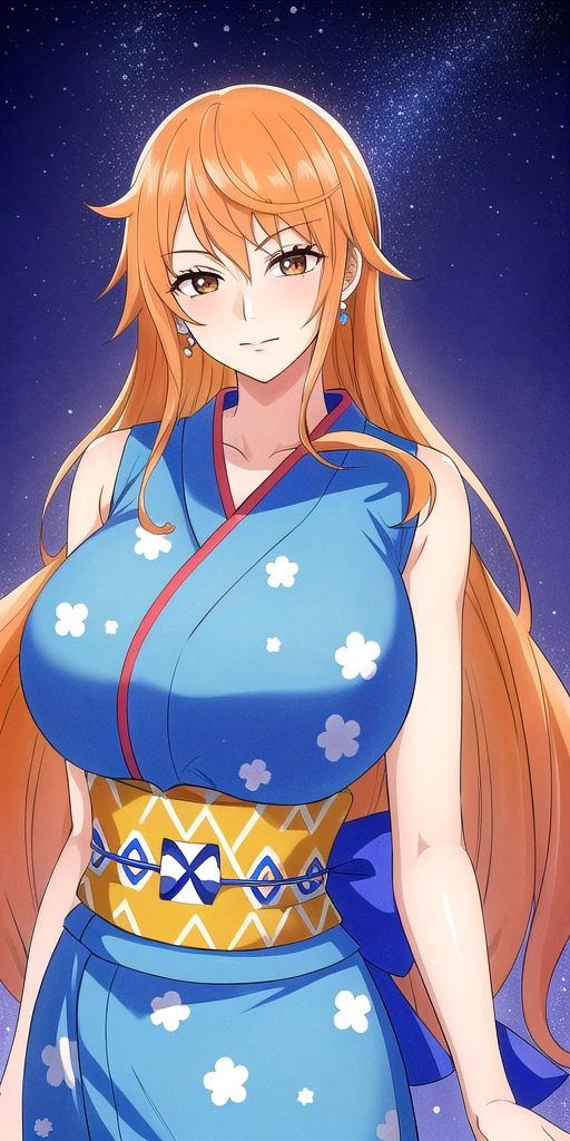 masterpiece, best quality, ultra-detailed, 1girl (namiop, Big and pretty breasts, , jewelry, earrings, dog collar, orange hair,long hair, brown eyes), a come-hither face, wicked smile, parted lips, makeup, glow lips, facing viewer, looking at viewer, solo, kimono, japanese clothes, short kimono, bare shoulders, wanostyle, night time, in the livingroom, standing, Sexy waist teasing, a provocative pose, undressing 