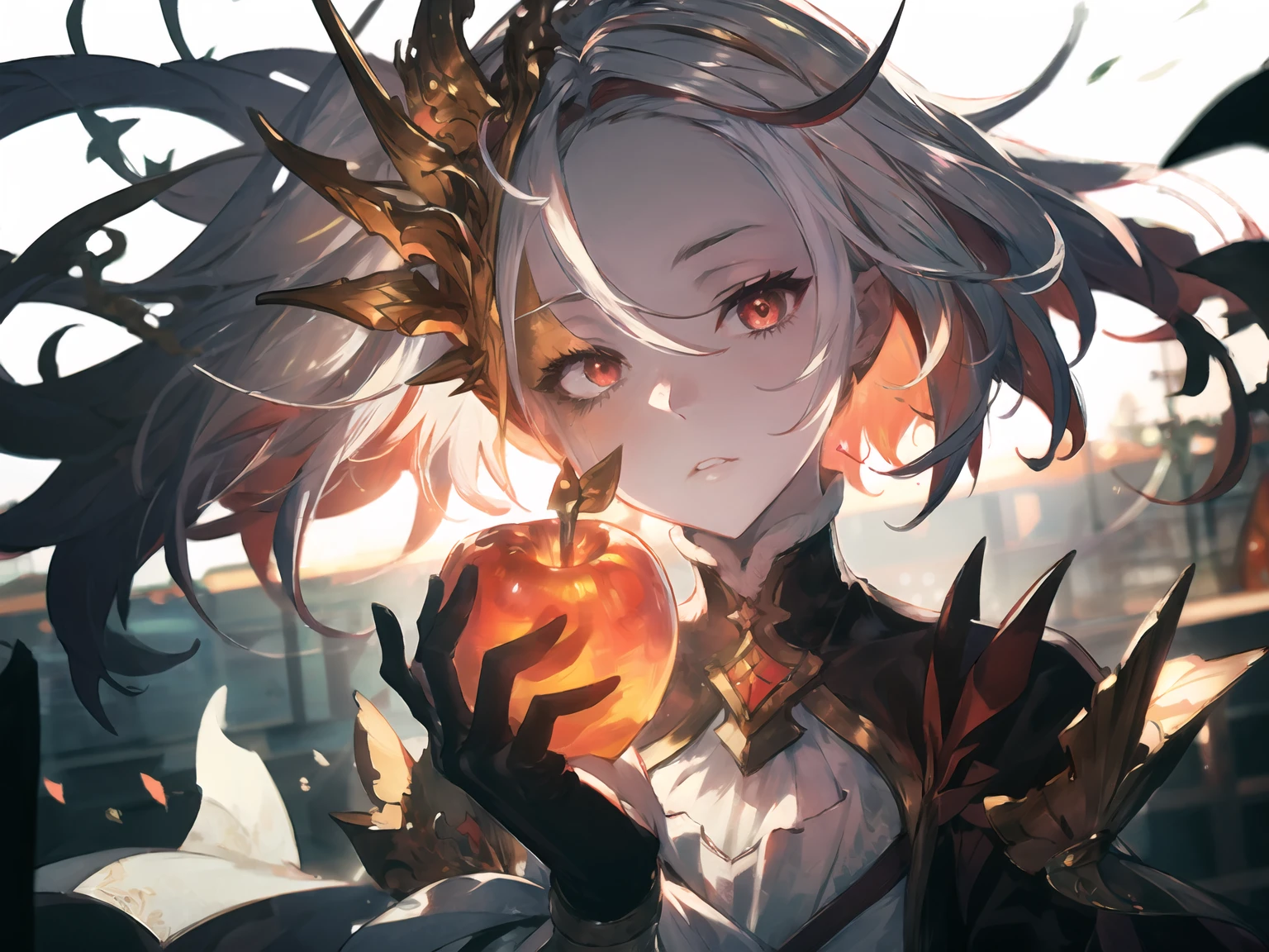 young man, (((male))), (((man))), (((one person))), single, solo, (((white colored hair))), (((red colored eyes))), ((blood red colored eyes)), (medium short hair), (((grey colored skin))), wavy hair, slim figure, ((flat chest)), ((wearing fantasy clothes)), fantasy style, (((wearing flowers in his hair))), ((pointy ears)), ((spiderlily flowers)), (sunny weather), smiling, dark red colored flowers, thorns, spikes, warm light, gold colored details, wearing a shirt