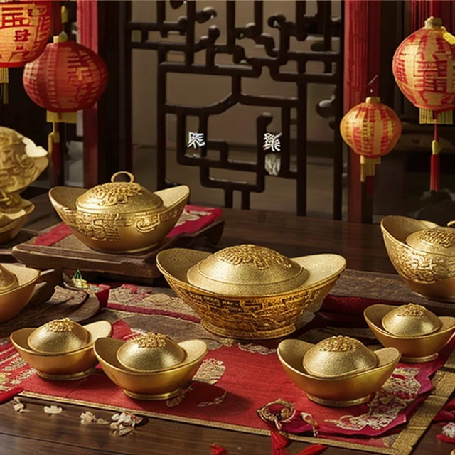 The living room is decorated with Chinese New Year decorations,  and there are several large Jin yuanbao on the table. Jin yuanbao, Jin yuanbao,<lora:EMS-273838-EMS:0.800000>