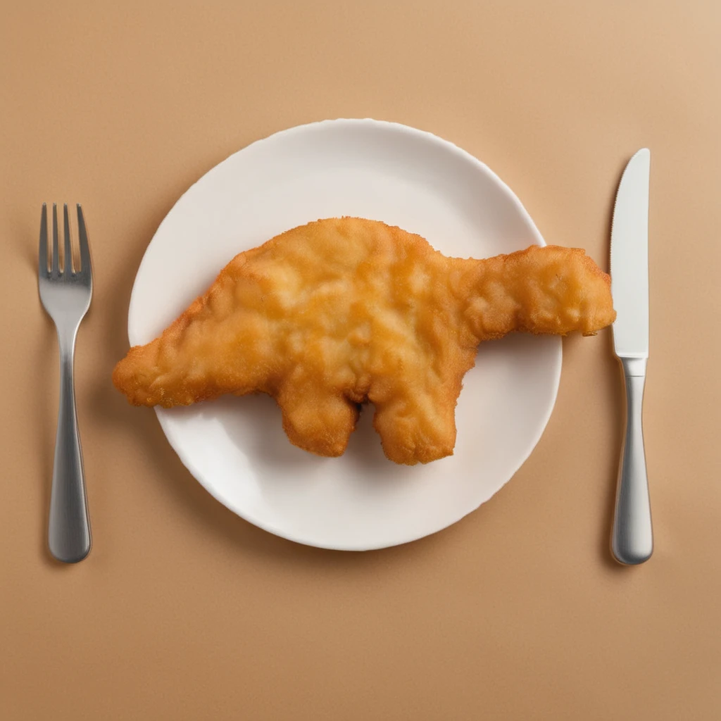 DinoNugget food, brachiosaurus,  on plate,  next to fork and knife
<lora:DinoNuggets_JuggernautXL_8_v2:1>