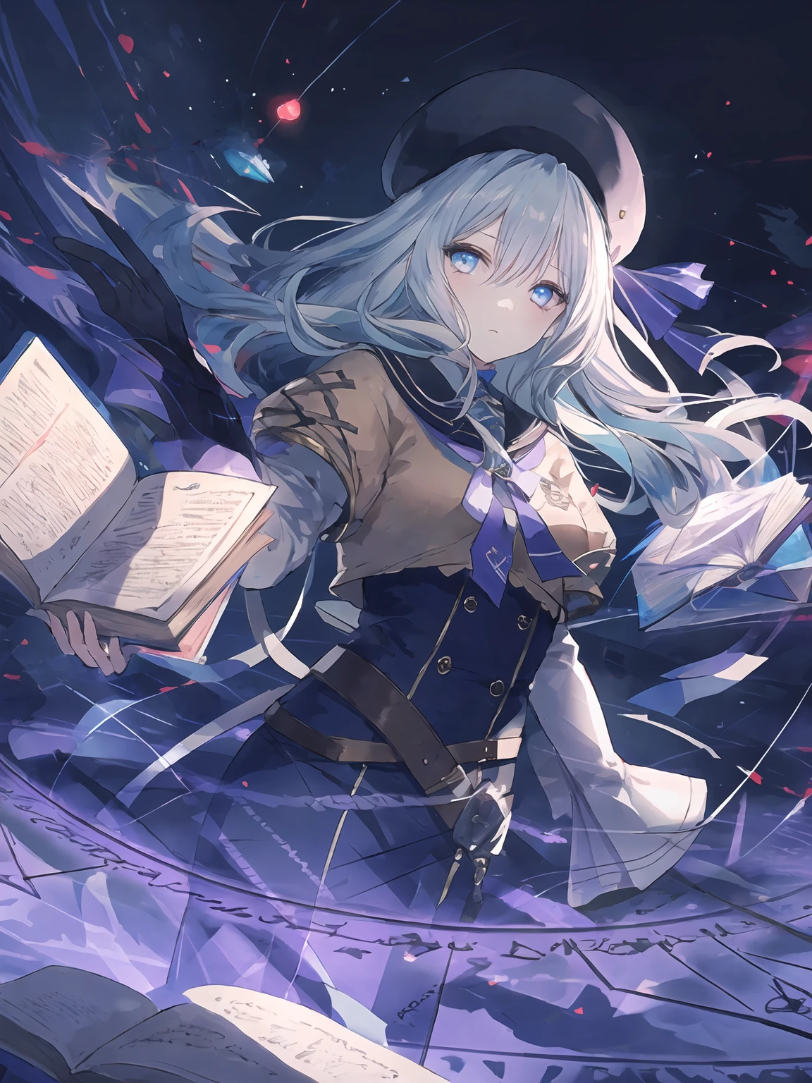 masterpiece,best quality,highres,cinematic lighting,dramatic angle,1girl,<lora:ShadowverseAmaryllisV1:0.8>,light blue hair,blue eyes, brown shirt,black and purple dress,white sleeves,ribbon,hat,looking at viewer,bow,belt,sailor collar,holding book,outstretched hand, spread fingers,casting spell,dark magic,sad,expressionless,shaded face,glowing eyes,magic circle,aura,runes