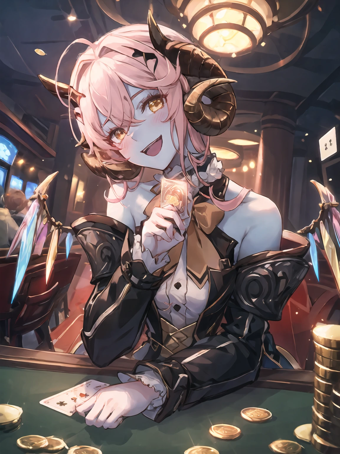 masterpiece,best quality,highres,cinematic lighting,dramatic angle,<lora:ShadowverseShowdownDemonV1-000019:0.8:lbw=jiangshi3>,1girl,pink hair,horns,blue skin,yellow eyes,detached sleeves,bare shoulders,ribbon,bowtie,glowing eyes,white shirt,vest,crystal wings,choker,casino,holding card,evil smile,:d,looking at viewer,head tilt,arm support,piles of chip,coin,dollar bill,money,across table,table,blush,happy,pov across table,close-up,spoken heart,