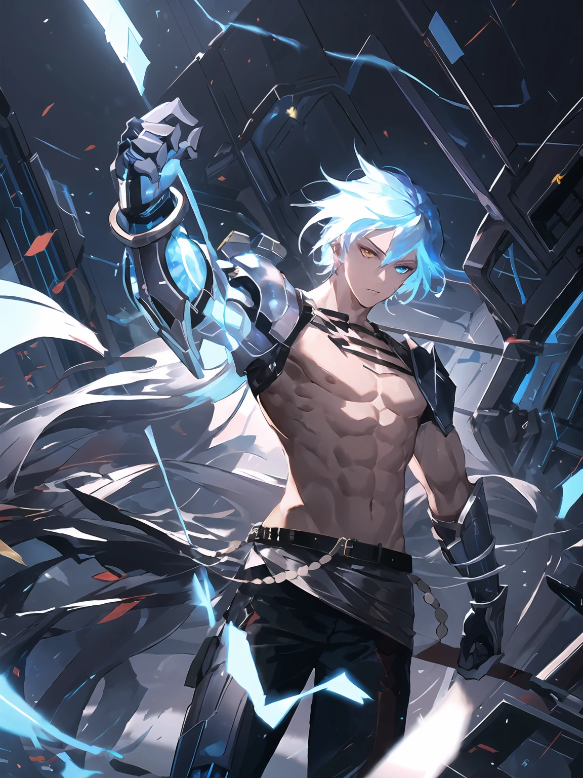 masterpiece,best quality,highres,cinematic lighting,dramatic angle,1boy,mature male,<lora:ShadowverseKarulaV2:0.8:lbw=jiangshi3>,light blue hair,heterochromia, muscular,topless,armor,black pants,mechanical arms,bandages,looking at viewer,ribbon,clothing cutout,beads,asymmetrical arms,portrait,electricity,cleaning fist