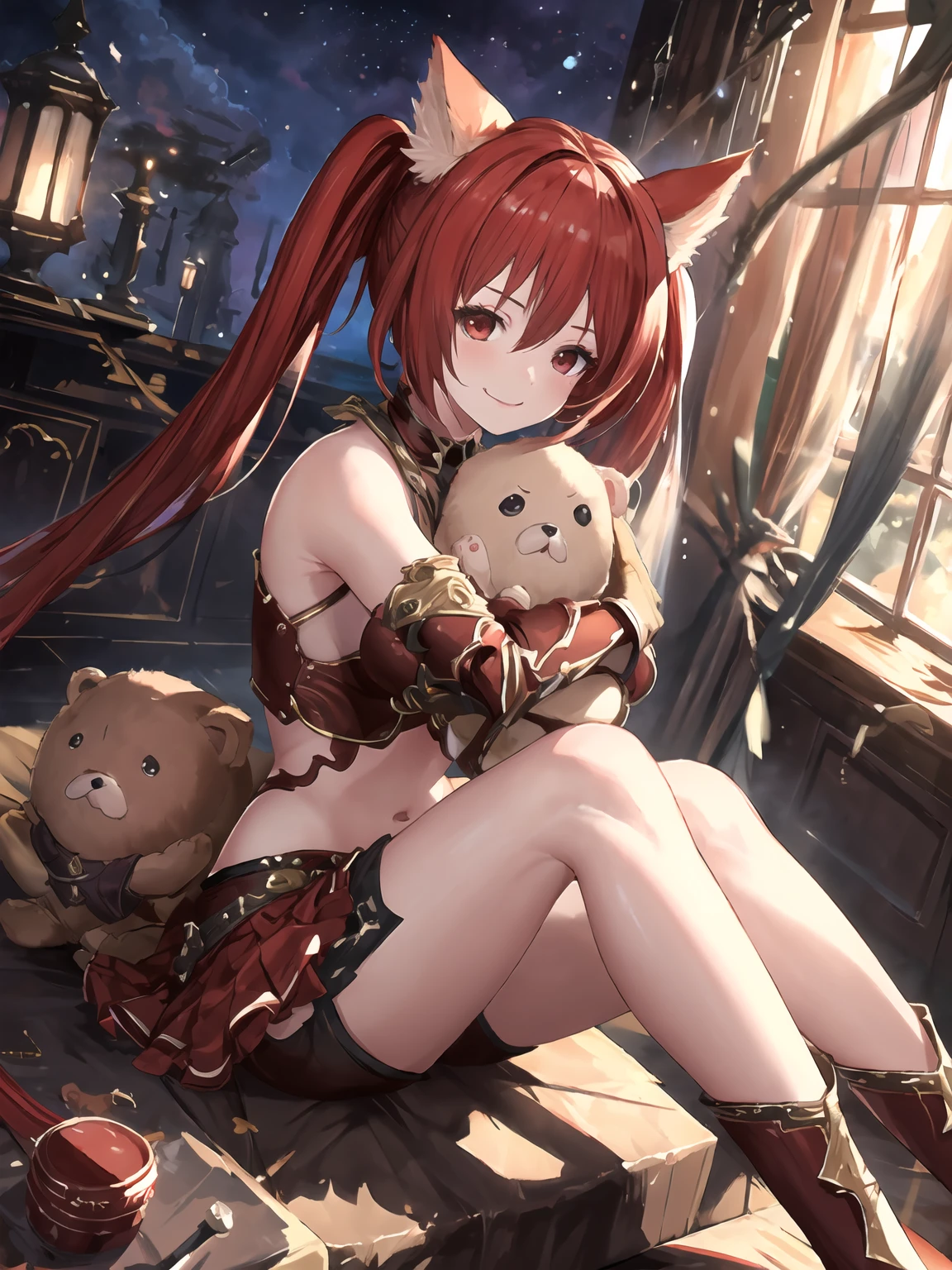 masterpiece,best quality,highres,cinematic lighting,dramatic angle,1girl,<lora:ShadowverseCerberusV9-000020:0.8:lbw=cerberus>,red hair,red eyes,twintails,looking at viewer,animal ears,red skirt,bikini armor,shorts,hugging stuffed toy,smile,clothing cutout,sitting,legs crossed,gloves,indoors,bed