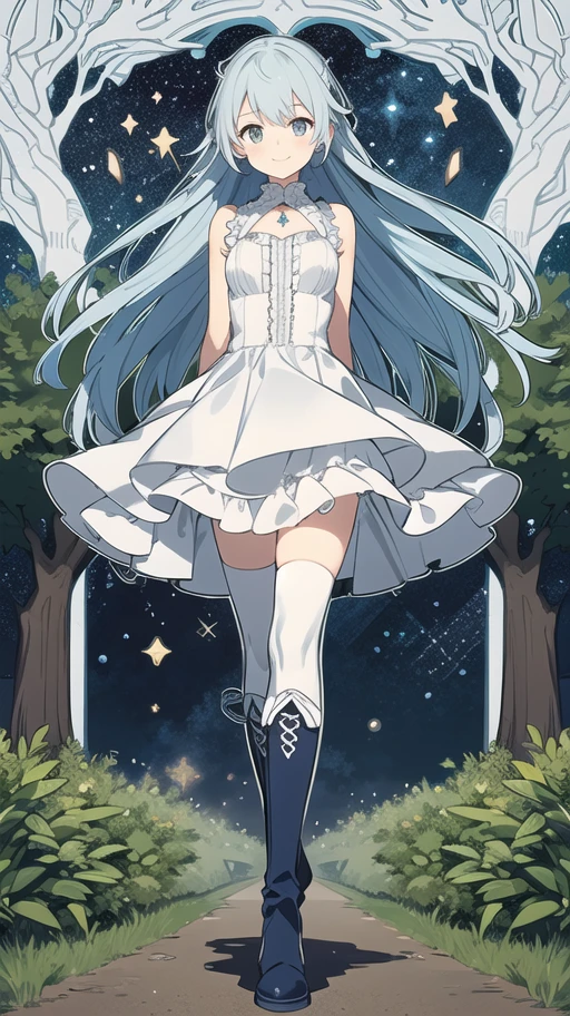 ((masterpiece,best quality)),(1girl, solo,very long hair,full body, night, starry sky, ), a girl in a frilled dress and thigh high boots walking down a road in the countryside with trees on both sides, blue hair, white eyes, ((arms behind back)),smile, <lora:animetarotV51:1>