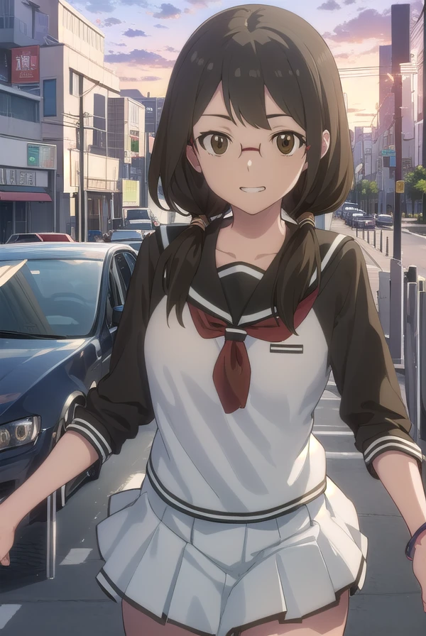 kotohaisone, <lora:kotoha isone hnu-lora-nochekaiser:1>,
kotoha isone, brown hair, twintails, (brown eyes:1.5), glasses, smile, grin,
BREAK skirt, school uniform, serafuku,
BREAK outdoors, city, sun, clouds,
BREAK looking at viewer, (cowboy shot:1.5),
BREAK <lyco:GoodHands-beta2:1>, (masterpiece:1.2), best quality, high resolution, unity 8k wallpaper, (illustration:0.8), (beautiful detailed eyes:1.6), extremely detailed face, perfect lighting, extremely detailed CG, (perfect hands, perfect anatomy),