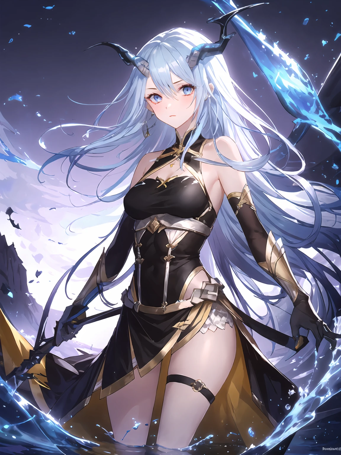 masterpiece,best quality,highres,cinematic lighting,dramatic angle,1girl,light blue hair,horns,broken horn,blue eyes,single wing,black dress,bare  shoulders,gauntlets,yellow gloves,water,looking at viewer,scales,long hair,<lora:ShadowverseMizuchiDivivedV1-000012:0.8:lbw=forte>,tail,skirt,thigh strap,clothing cutout