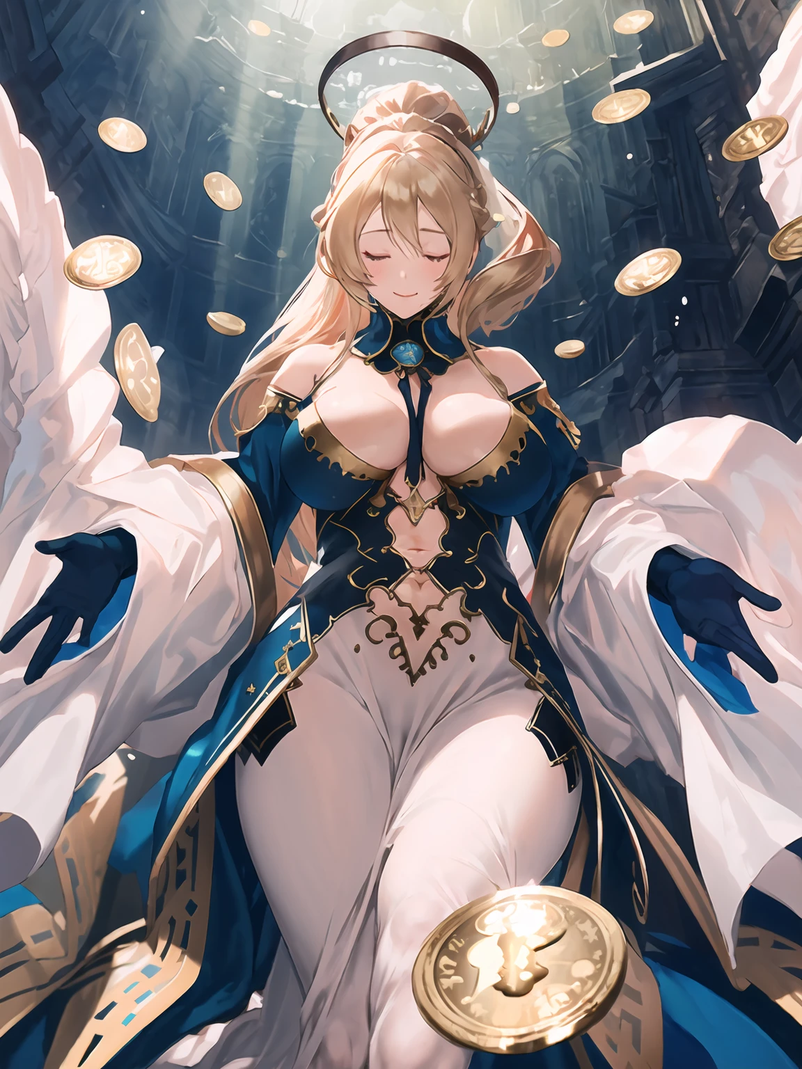 masterpiece,best quality,highres,cinematic lighting,dramatic angle,1girl,<lora:RetrafiaV1:0.8:lbw=jiangshi3>,blonde hair,high ponytail,coin,floating coin,looking at viewer,blue dress,cleavage,smile,eyes clsoed,closed eyes,elbow gloves,detached sleeves,capelet,detached collar,holy light,white skirt,bare shoulders,hair ornament,halo,aura,sitting,navel,clothing cutout,(from below,close-up:1.3),shaded face,blush,pov,outstretched hand, spread fingers