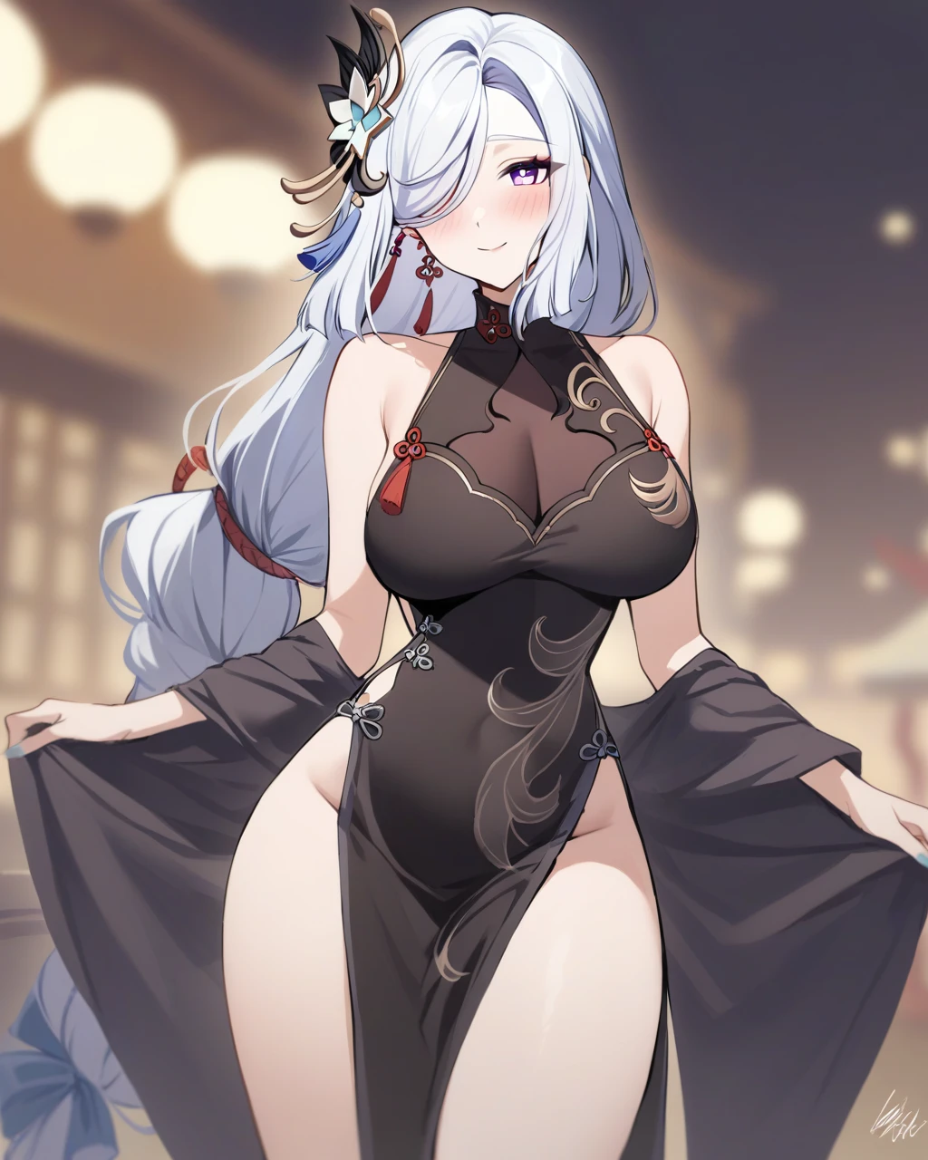 masterpiece,best quality,<lora:shenhe_new:1>,shenhe_(genshin_impact) 1girl, shenhe_\(genshin_impact\), breasts, solo, hair_over_one_eye, long_hair, jewelry, smile, looking_at_viewer, dress, earrings, chinese_clothes, large_breasts, purple_eyes, china_dress, white_hair, bare_shoulders, hair_ornament, signature, closed_mouth, bangs, blurry, black_dress, cowboy_shot, blurry_background, blush, artist_name, tassel