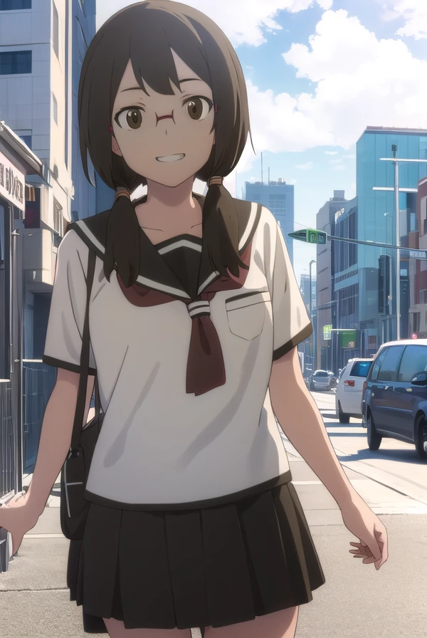 kotohaisone, <lora:kotoha isone hnu-lora-nochekaiser:1>,
kotoha isone, brown hair, twintails, (brown eyes:1.5), glasses, smile, grin,
BREAK skirt, school uniform, serafuku,
BREAK outdoors, city, sun, clouds,
BREAK looking at viewer, (cowboy shot:1.5),
BREAK <lyco:GoodHands-beta2:1>, (masterpiece:1.2), best quality, high resolution, unity 8k wallpaper, (illustration:0.8), (beautiful detailed eyes:1.6), extremely detailed face, perfect lighting, extremely detailed CG, (perfect hands, perfect anatomy),