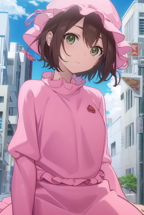 rinazuma, <lora:rin azuma hnu-lora-nochekaiser:1>,
rin azuma, short hair, brown hair, (green eyes:1.3),
BREAK hat, frills, dress, pink dress, pink hat, long sleeves, puffy sleeves, skirt, pink skirt,
BREAK outdoors, city, sun, clouds,
BREAK looking at viewer, (cowboy shot:1.5),
BREAK <lyco:GoodHands-beta2:1>, (masterpiece:1.2), best quality, high resolution, unity 8k wallpaper, (illustration:0.8), (beautiful detailed eyes:1.6), extremely detailed face, perfect lighting, extremely detailed CG, (perfect hands, perfect anatomy),