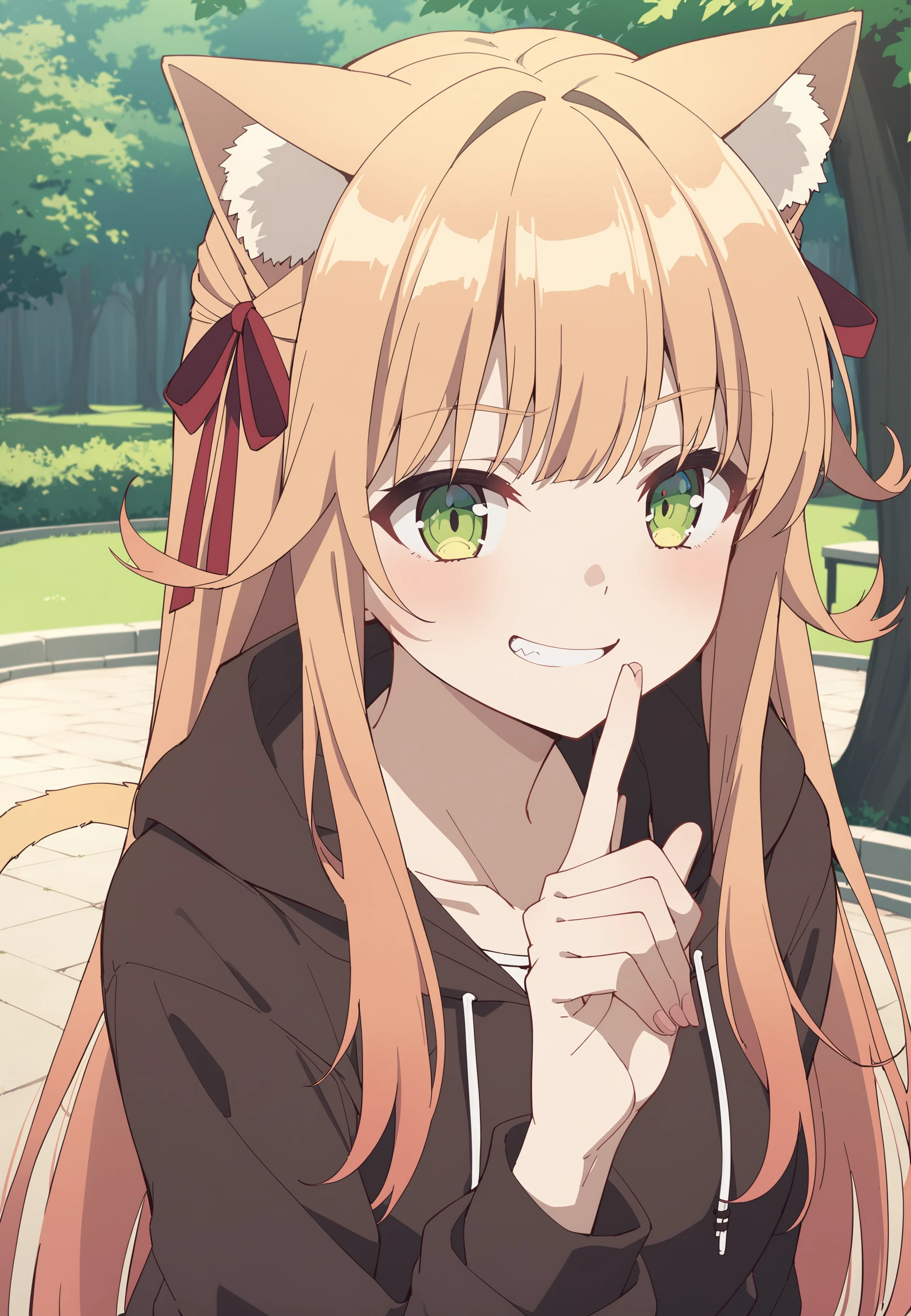 1girl, upper body, smirk, standing, outdoors, background park, kanade-cag, cat tail, black hoddie, hood, hand on mouth, index finger raise, (masterpiece, best quality:1.4), <lora:Kanade-000007:1>