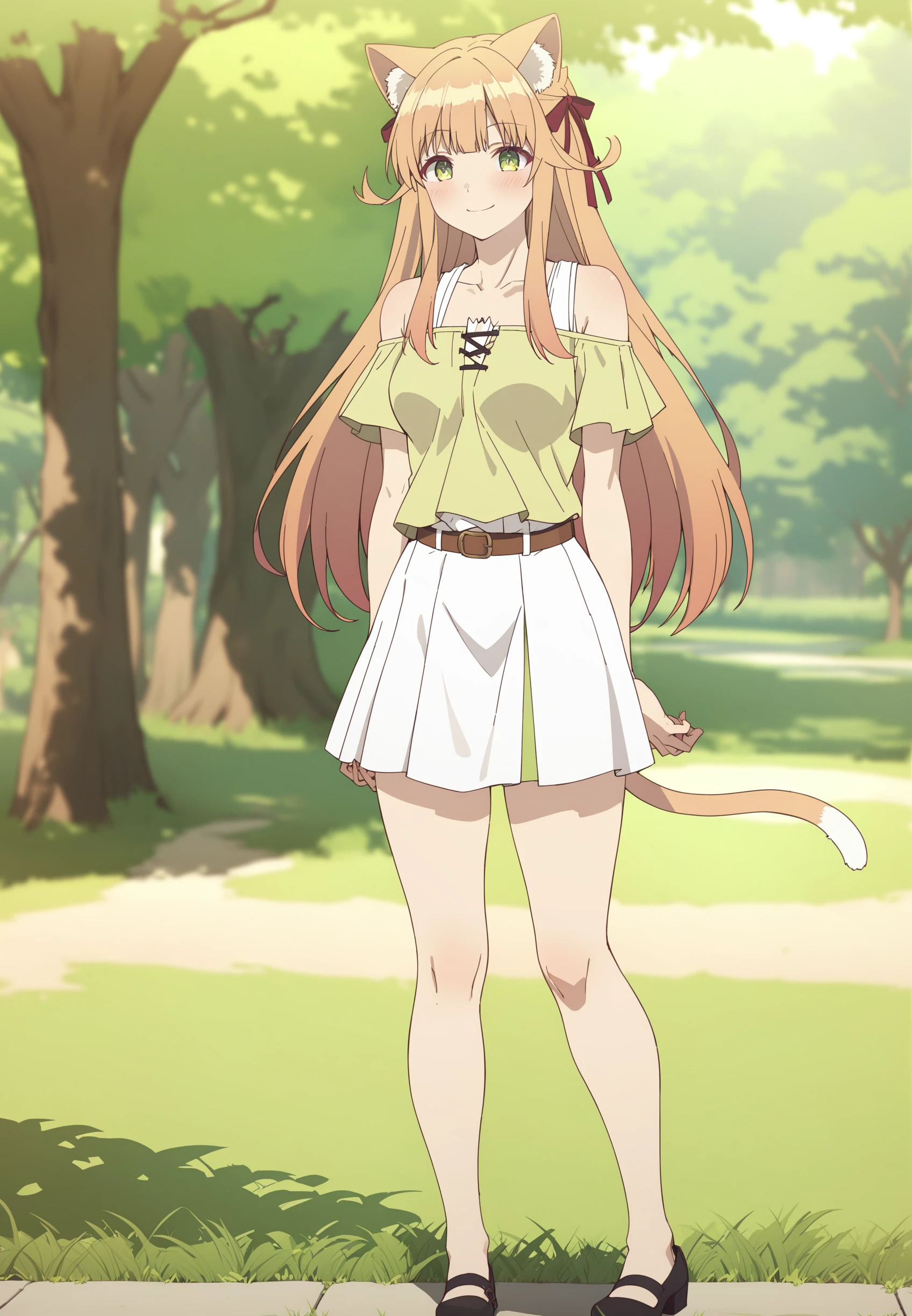 1girl, full body, smile, standing, outdoors, background park, kanade-cag, cat tail, bare shoulders, green shirt, short sleeves, white skirt, cat tail, brown belt, black shoe, bowed, hands behind back, (masterpiece, best quality:1.4),  <lora:Kanade-000007:1>