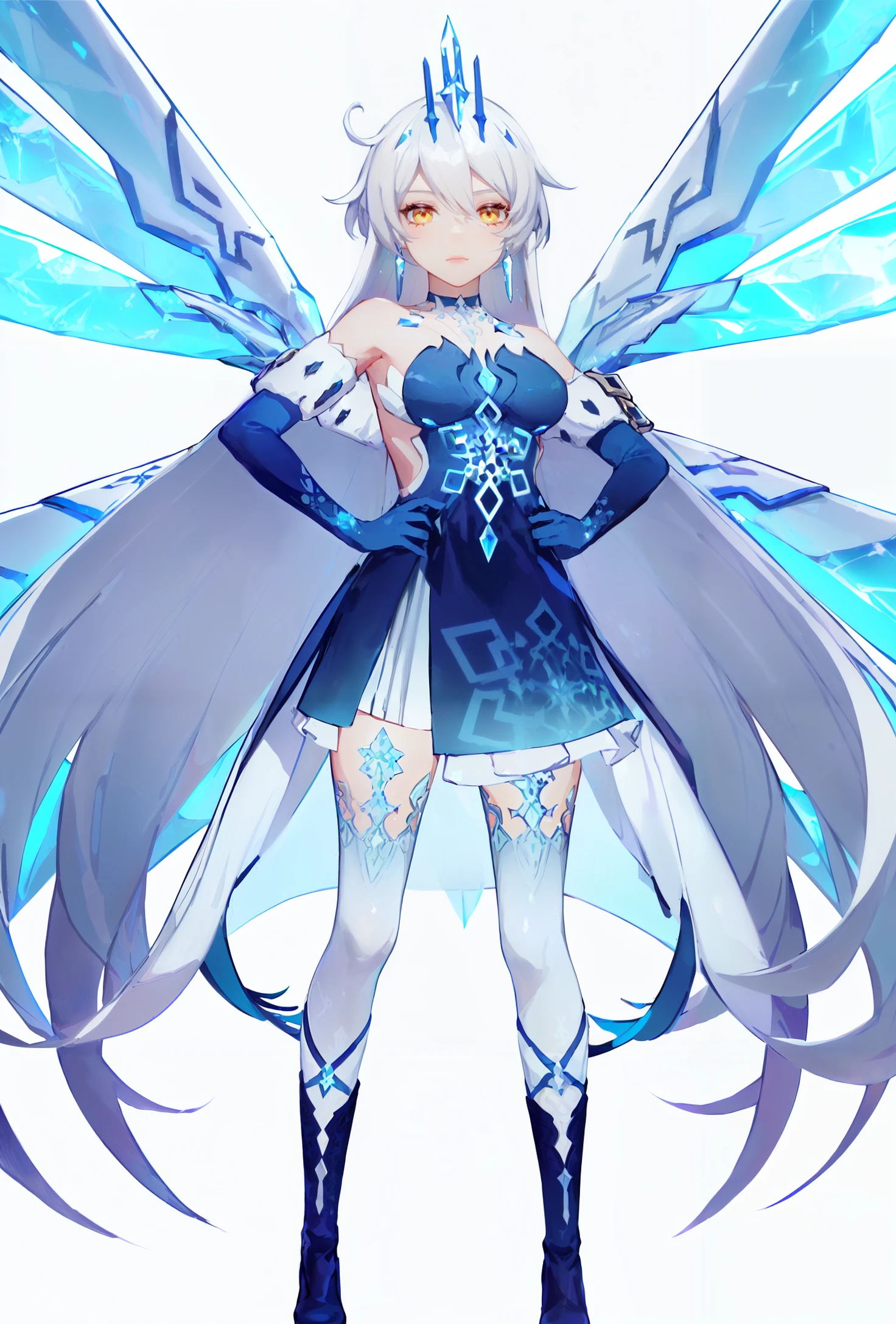 8k,best quality,masterpiece,(ultra-detailed:1.1),(high detailed skin),
(full body:1.3),white background,standing,looking at viewer,(solo:1.4),hand on hip,
<lora:lindong-v100:0.8:lbw=OUTALL>,lindong,single wing,floating weapons,1girl,kiana kaslana,long hair,blue elbow gloves,bare shoulders,yellow eyes,boots,bangs,breasts,white thighhighs,jewelry,diamond-shaped pupils,hair between eyes,blue dress,floating,ice,floating object,weapon,
(white background, simple background:1.6),
(beautiful_face),((intricate_detail)),clear face,
((finely_detailed)),fine_fabric_emphasis,
((glossy)),full_shot,