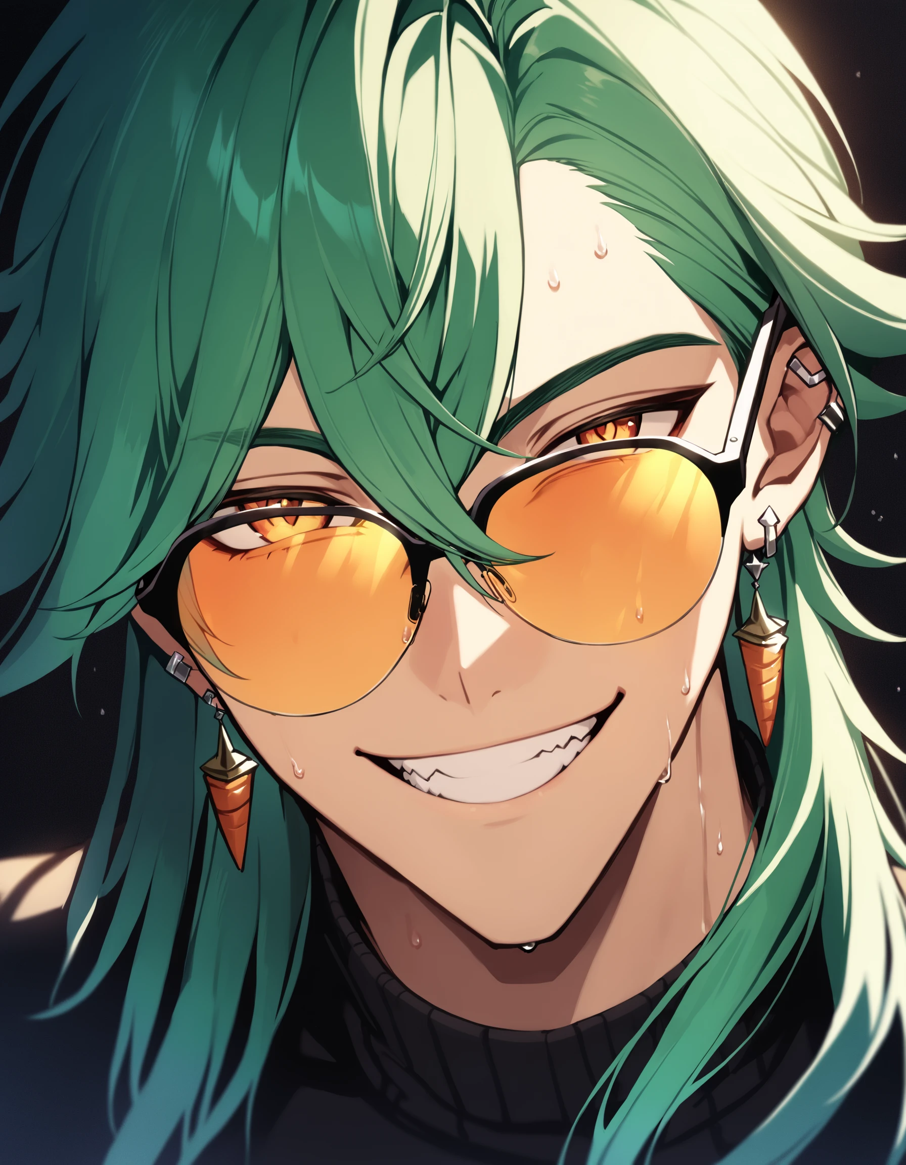 1boy, League of Legends, hrstlxks style, long hair, smile, bangs, hair between eyes, jewelry, male focus, sweat, earrings, green hair, glasses, teeth, grin, sunglasses, portrait, carrot, tinted eyewear close-up, cinematic lighting, cinematic angle, dark, dark background, masterpiece, best quality , <lora:HeartsteelSDXL:0.8>