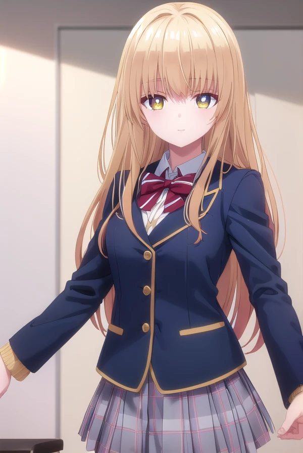 mahirushiina, <lora:mahiru shiina s1-lora-nochekaiser:1>,
mahiru shiina, long hair, bangs, blonde hair, brown hair, (yellow eyes:1.3), smile,
BREAK skirt, bow, school uniform, jacket, pleated skirt, plaid, plaid skirt, blazer, cardigan, blue blazer, (red bowtie:1.2),
BREAK indoors, classroom,
BREAK looking at viewer, (cowboy shot:1.5),
BREAK <lyco:GoodHands-beta2:1>, (masterpiece:1.2), best quality, high resolution, unity 8k wallpaper, (illustration:0.8), (beautiful detailed eyes:1.6), extremely detailed face, perfect lighting, extremely detailed CG, (perfect hands, perfect anatomy),