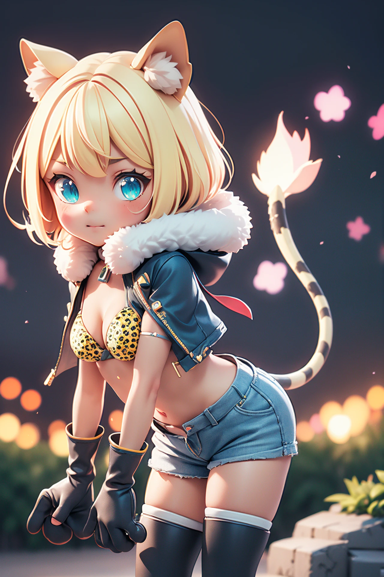 (masterpiece, best quality:1.2), highres, best illustration, 8k wallpaper, (Traditional Media), (2d:1.2), wide shot, (dynamic angle:1.1), , outline, ((thick lineart)), cover, stylish, official art, (details:1.2), (fantasy), garden, (bloom:1.1), glow:0.2, shadow, nature, cherry blossoms, particles, (depth of field), sharp focus, (volumetric lighting), (bokeh:0.6), film grain:0.4, day, (soft lighting:1.1), kkrroll, short hair, blonde hair, dark skin, animal ears, bikini, shorts, gloves, animal hands, thighhighs, blue eyes, tail, fur trim, animal print, fur collar, <lora:Himesama_Goumon_Kroll_00_01:0.7>