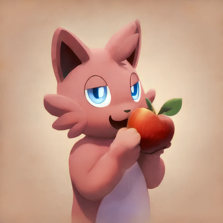 <lora:Cattiva_-_PalWorld:1> , pink cat, blue eyes, eating an apple, apple in hand, happy, smiling, looking at viewer, masterpiece, high quality, best quality,