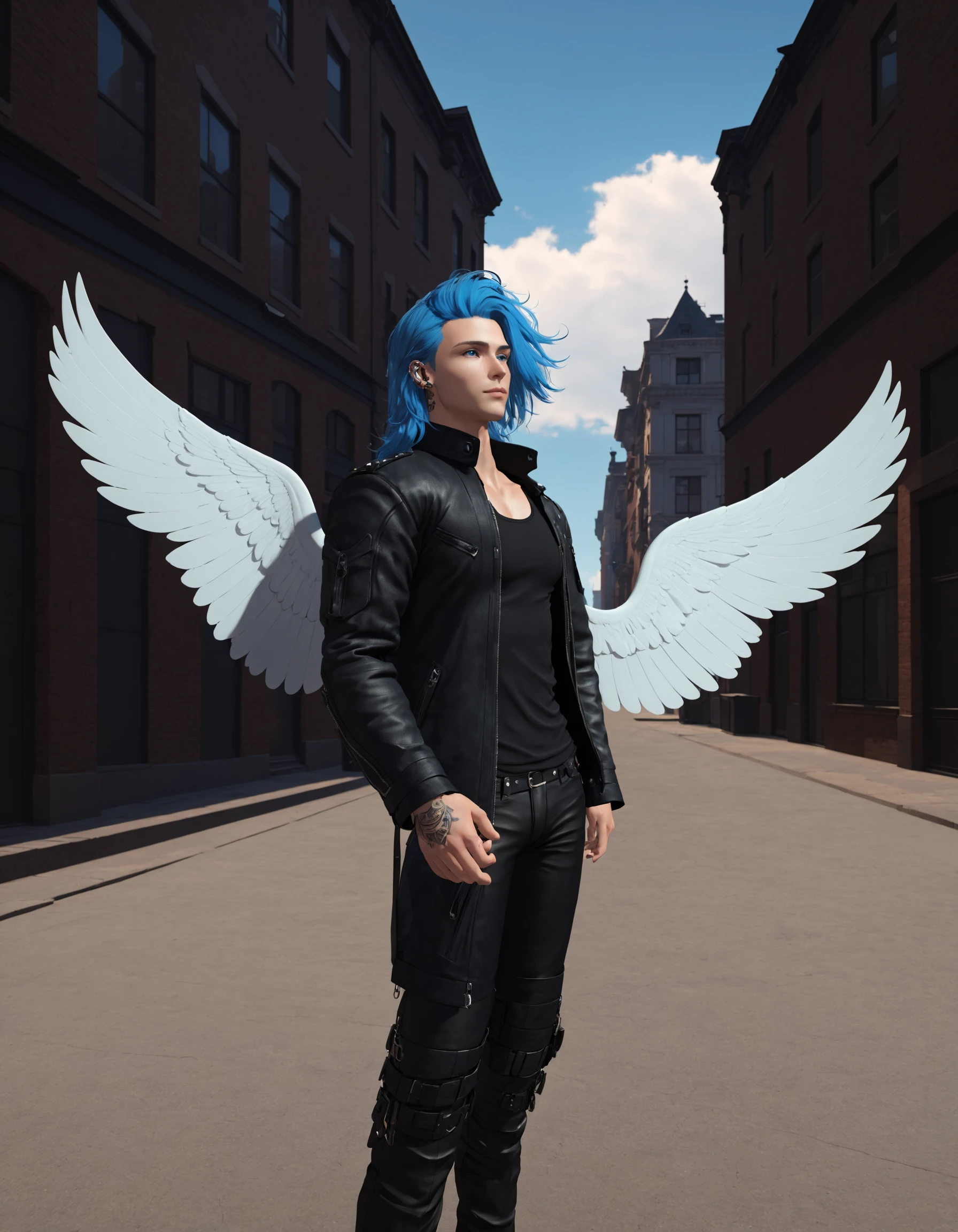 1 boy, Parker Solas, slsxl style, male focus, solo, long hair, blue hair, shirt, wings, mechanical wings, long sleeves, jacket, leather , open jacket, black jacket, leather jacket, white shirt, hand up, tattoo, black pants, open clothes, standing, sky, day, pants, building, outdoors, cinematic lighting, neon rim lighting, side lighting, rembrandt lighting, cinematic angle, masterpiece, best quality , <lora:SL_SDXLv1:0.8>