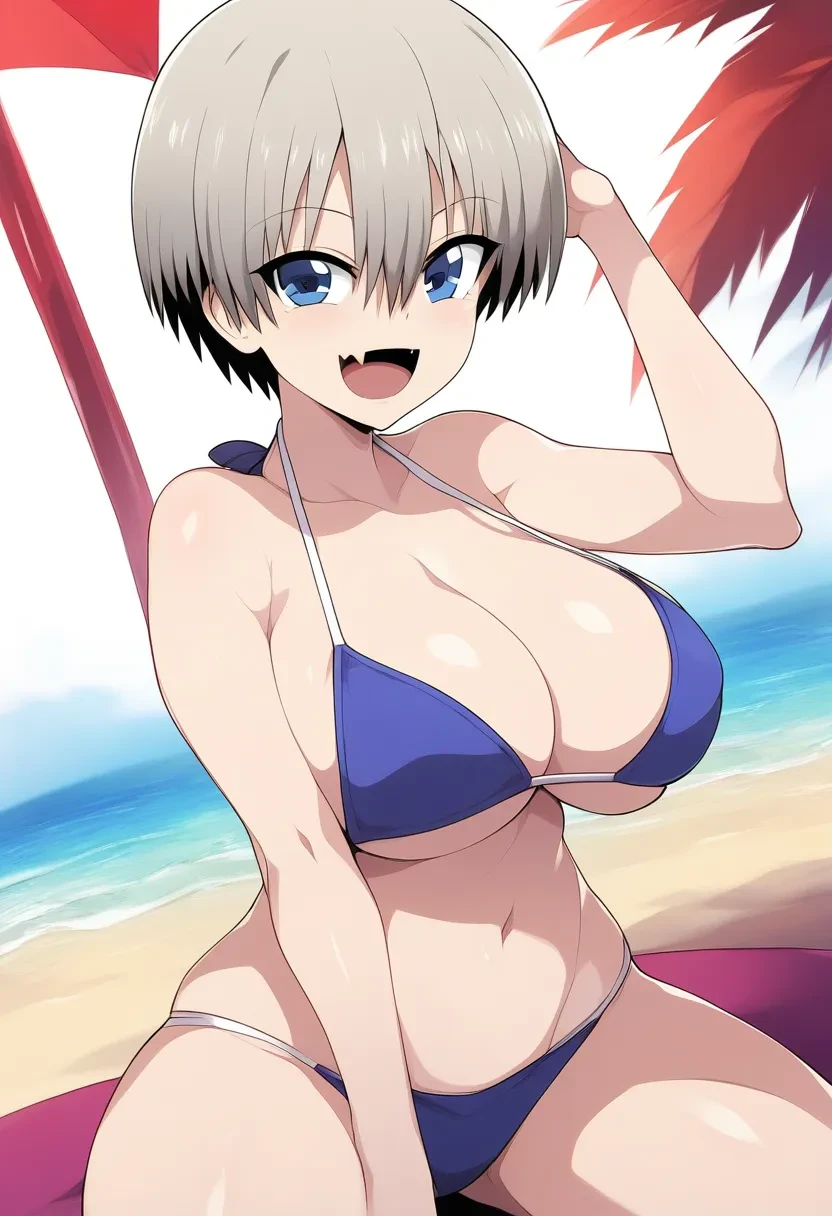 Browsing Caution, Highest quality, High resolution, Beach,One Girl, Huge breasts, One Girl,short hair,blue eyes,bangs,teeth,Grey Hair,Hair between the eyes, blush, smile, View your audience, Cowboy Shot, White micro bikini　Ahegao　Bitch　Nearly naked　Spread your legs　invite 　Crotch close-up