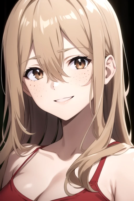 ((masterpiece)),(best quality),official art,extremely detailed CG,unity 8k wallpaper,ultra detailed,beautiful detailed eyes,extremely detailed face,anime coloring,1girl,solo,upper body,(portrait:1.5),looking at viewer,facing viewer,aoki clair,smile,brown hair,long hair,bangs,sidelocks,brown eyes,hair between eyes,freckles,red camisole,cleavage,medium breasts,denim shorts,short shorts,shorts rolled up,bare legs,purple sneakers,<lora:Aoki Clair(gleipnir)>,