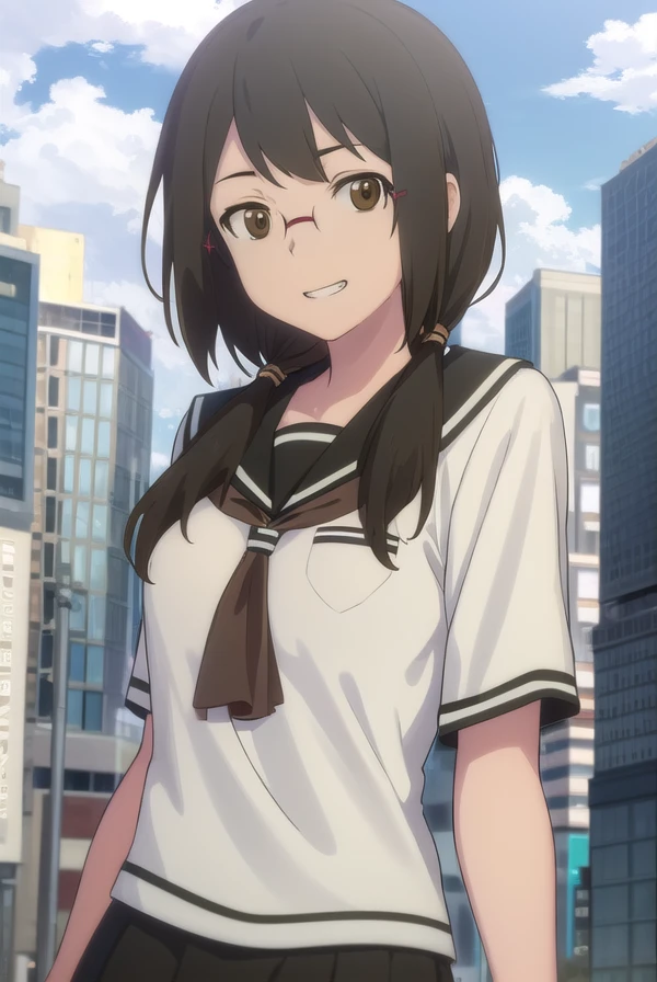 kotohaisone, <lora:kotoha isone hnu-lora-nochekaiser:1>,
kotoha isone, brown hair, twintails, (brown eyes:1.5), glasses, smile, grin,
BREAK skirt, school uniform, serafuku,
BREAK outdoors, city, sun, clouds,
BREAK looking at viewer, (cowboy shot:1.5),
BREAK <lyco:GoodHands-beta2:1>, (masterpiece:1.2), best quality, high resolution, unity 8k wallpaper, (illustration:0.8), (beautiful detailed eyes:1.6), extremely detailed face, perfect lighting, extremely detailed CG, (perfect hands, perfect anatomy),