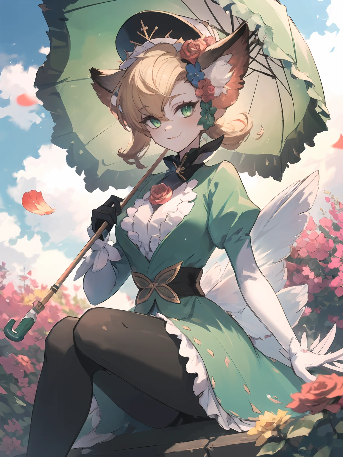 masterpiece,best quality,highres,cinematic lighting,dramatic angle,1girl,<lora:ShadowverseCosmosFangV2:0.8:lbw=jiangshi3>,furry,green dress,long dress,puffy sleeves,black legwear,blonde hair,looking at viewer,hat,feathers,hair flower,green eyes,smile,:3,cross-laced clothes,black shirt,clothing cutout,pink shoes,holding umbrella,juliet gloves,rose on chest,garden,petals,sunny,blue sky,whiet clouds,depth of field,alternative1,animal ears,portrait,close-up,bowtie,sunny,from random point of view,butterfly