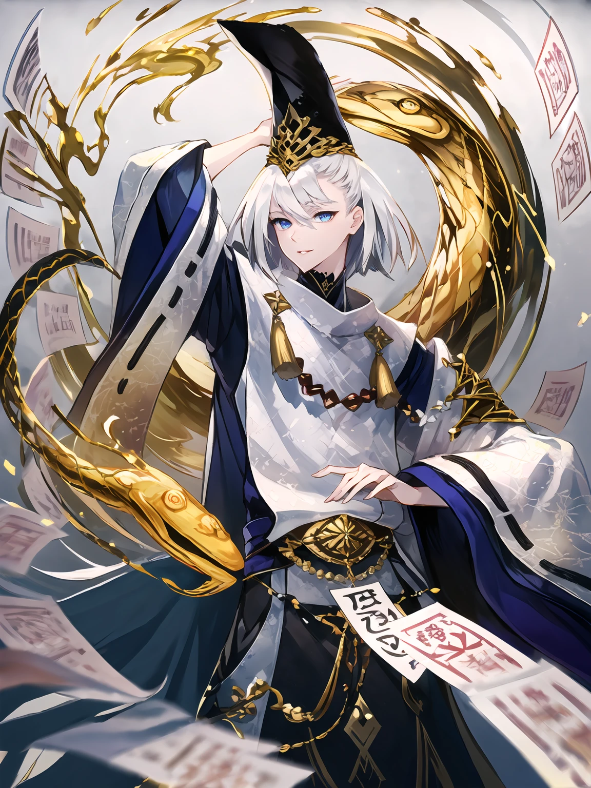 masterpiece,best quality,highres,cinematic lighting,dramatic angle,1boy,<lora:ShadowverseKuonV1-000025:0.8>,white hair,short hair,blue eyes,tate eboshi,blue headwear,white dress,clothing cutout,ribbon,tassel,looking at viewer,evil smile,shaded face,parted lips,wide sleeves,kariginu,straight-on,holding,close-up,depth of field,beads,talisman,black hakama,dynamic angle,magic,ofuda,holding ofuda,casting spell,golden snake,one hand over head,one arm over head,straight-on,shushing