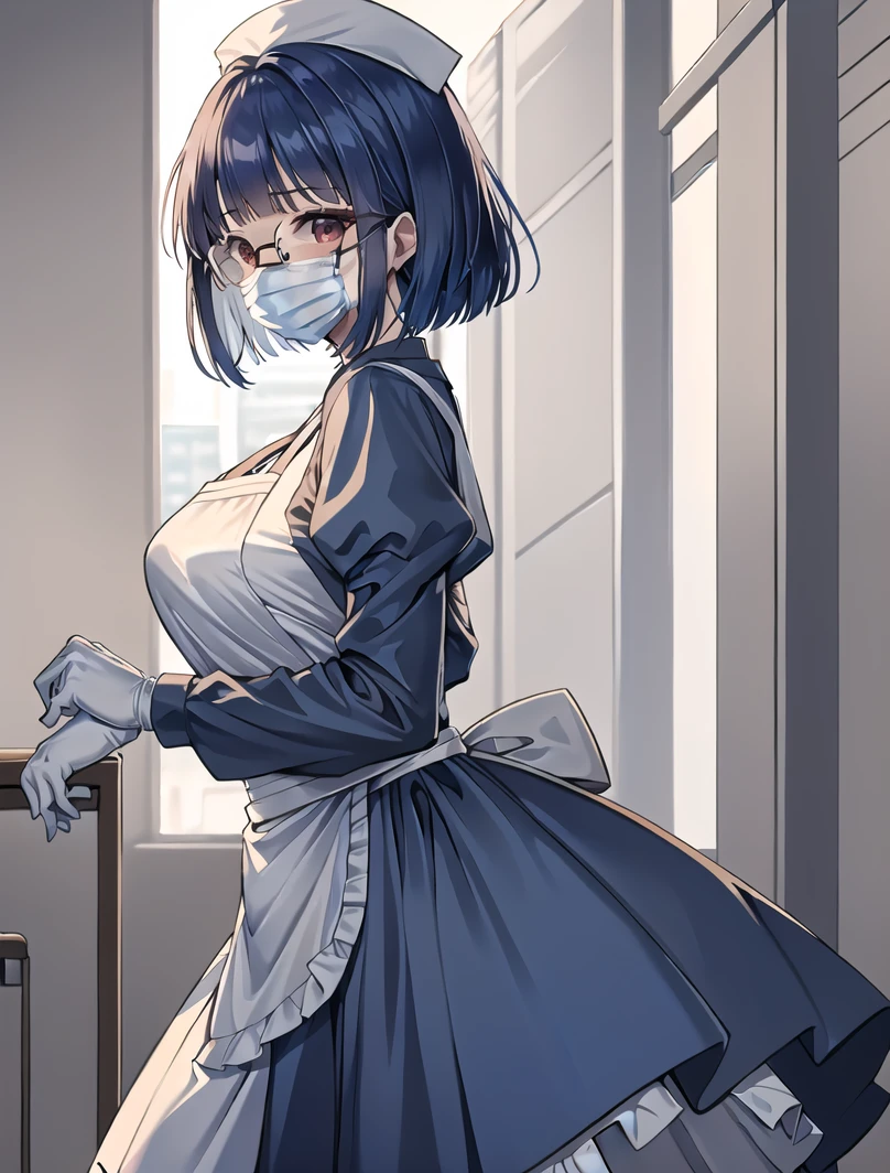 ((masterpiece, best quality, high quality)),1girl, (lower body, hospital), <lora:Long Nurse Apron 2:0.7> (nurse_long_apron, apron, mask, nurse cap, surgical mask, nurse, long sleeves, latex gloves,long dress), <lora:Aya Miiko:0.7> (1girl, 3dcg 03, aya miiko, blue hair, blunt bangs, bob cut, large breasts, medium breasts, red eyes, semi-rimless eyewear, short hair, sidelocks),