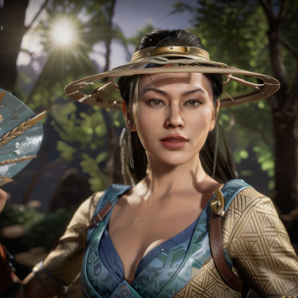 Ultra-realistic, ultra-high quality, extremely beautifully detailed 8K masterpiece of <lora:mk kitana:0.675> 1 beautiful woman in mk11 summer robe with hat holding in close-up beauty shot in enchanted forest at night, extremely detailed gorgeous eyes and perfect sexy body and facial features and hands, epic gorgeous composition and breathtaking cinematic lighting, masterpiece quality, sharp, clear, clean image