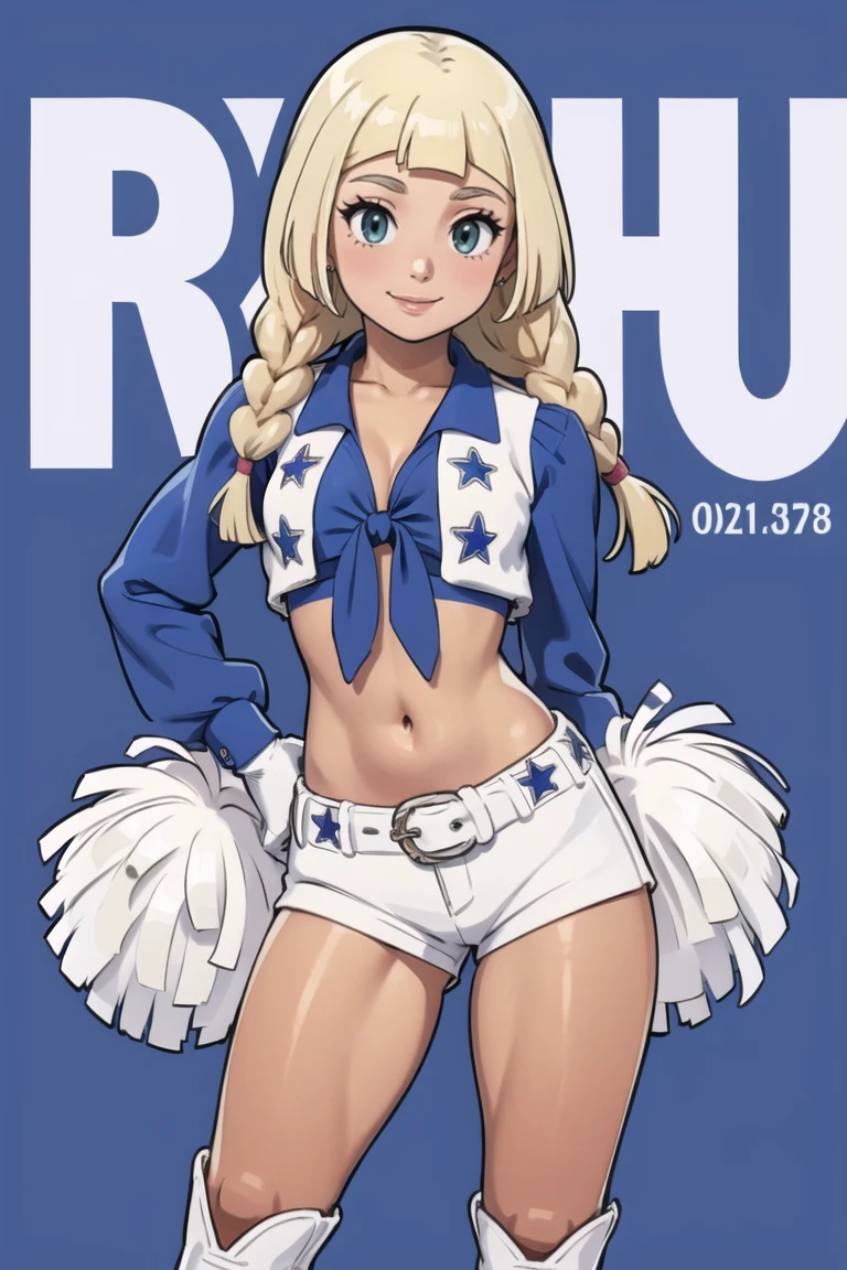 <lora:Dallas_Cowboys_Cheerleaders_Anime:0.5>, Dallas_Cowboys_Cheerleaders, 1girl, solo, shorts, midriff, short shorts, navel, white shorts, tied shirt, front-tie top, crop top, boots, belt, cheerleader, vest, earrings, jewelry, gloves, white footwear,((masterpiece,best quality)), aalillie, long hair, braid, <lora:lillie_(pokemon)_v1:0.7>, smile, cowboy shot
