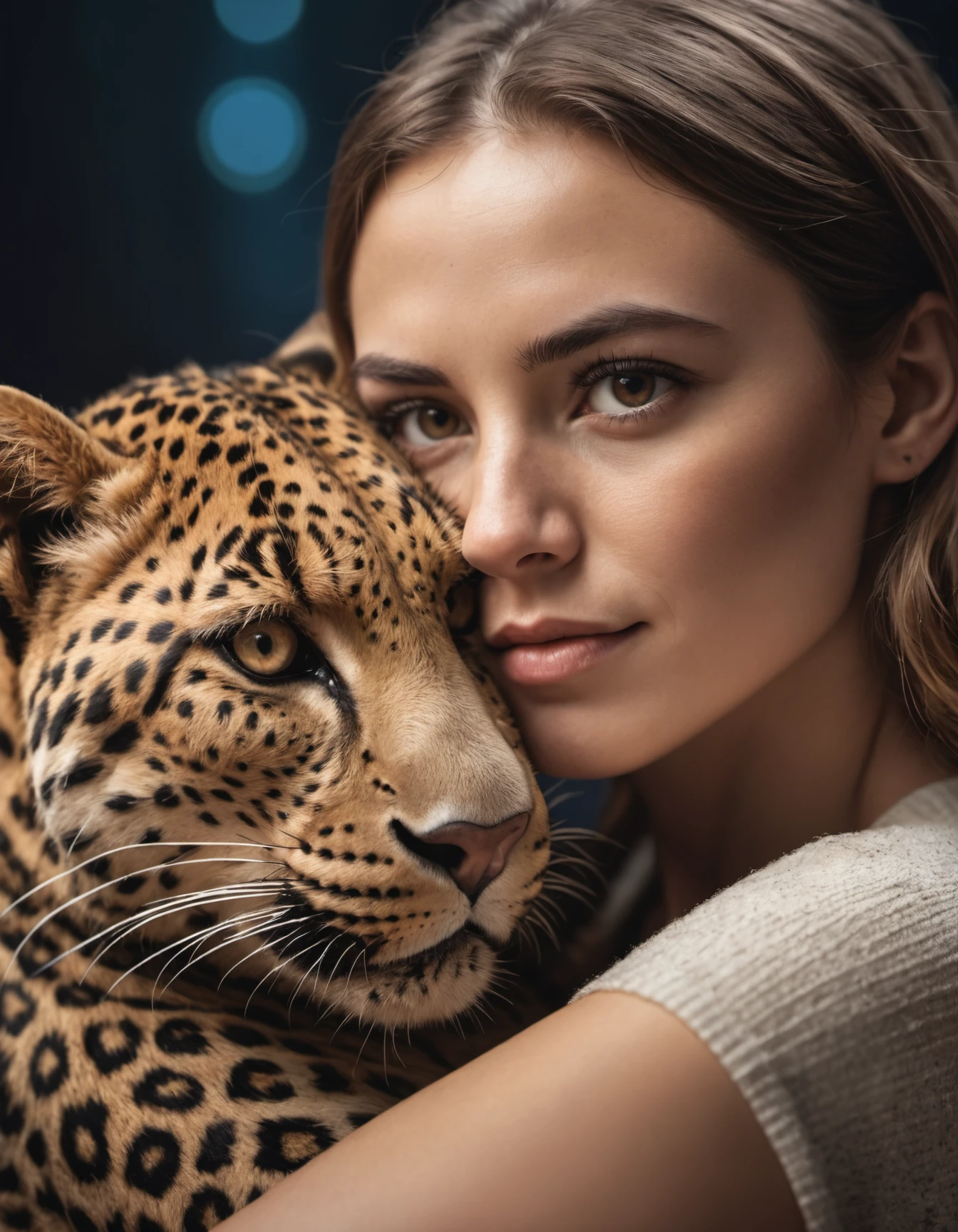 artwork closeup of woman, hugging a leopard, high quality photography, 3 point lighting, flash with softbox, 4k, Canon EOS R3, hdr, smooth, sharp focus, high resolution, award winning photo, 80mm, f2.8, bokeh