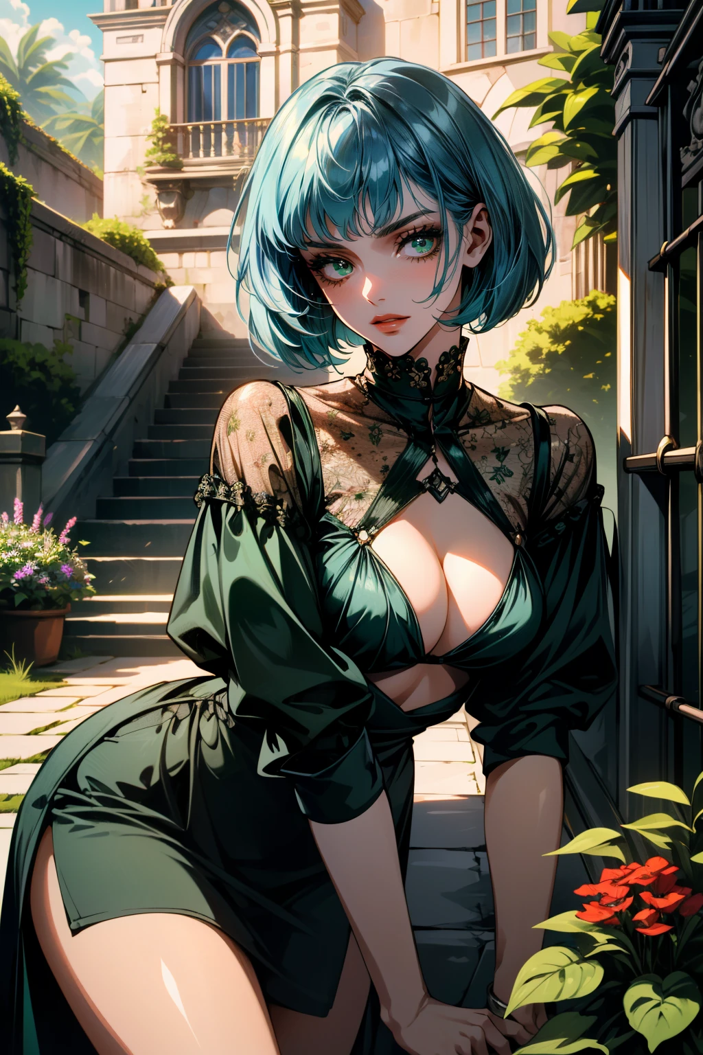 ((ultra detailed, masterpiece, absurdres))
<lora:CyberEvelyn:0.9>
CyberEvelyn, 1girl, blue hair, green eyes, bob cut, Leaning against a wrought-iron gate in a blooming garden, she embodies the allure of a secret paradise