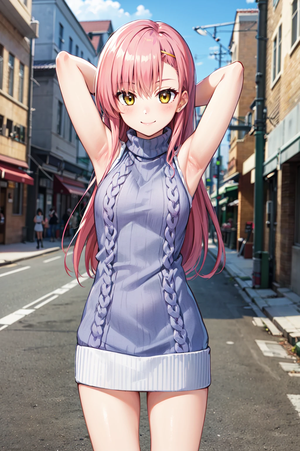 masterpiece,best quality,highres,ultra-detailed,katsura hinagiku,long hair,hairband,<lora:katsura_hinagiku:0.9>,(sweater:1.2),(turtleneck:1.2),street,smile,standing,(sleeveless:1.4),arm_behind_head,arms_up,cowboy shot,
