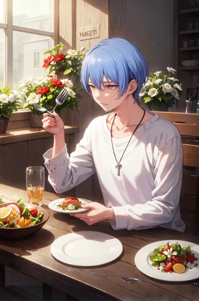 toyakun, solo, shirt, long sleeves, holding, jewelry, sitting, collarbone, white shirt, flower, food, indoors, necklace, cup, chair, table, bottle, knife, white flower, red flower, clothes writing, plate, drinking glass, fork, glass, salad