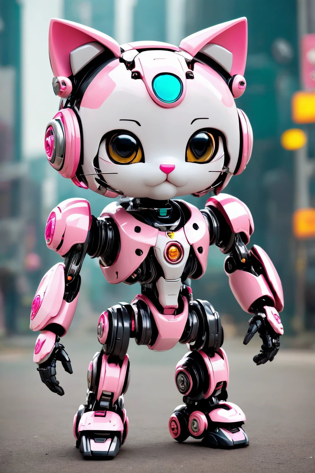 animal,there is no human,solo,chibi,cute,(big head:1.2),hello kitty,cat ears,cyberpunk,lightpink,pink mecha,