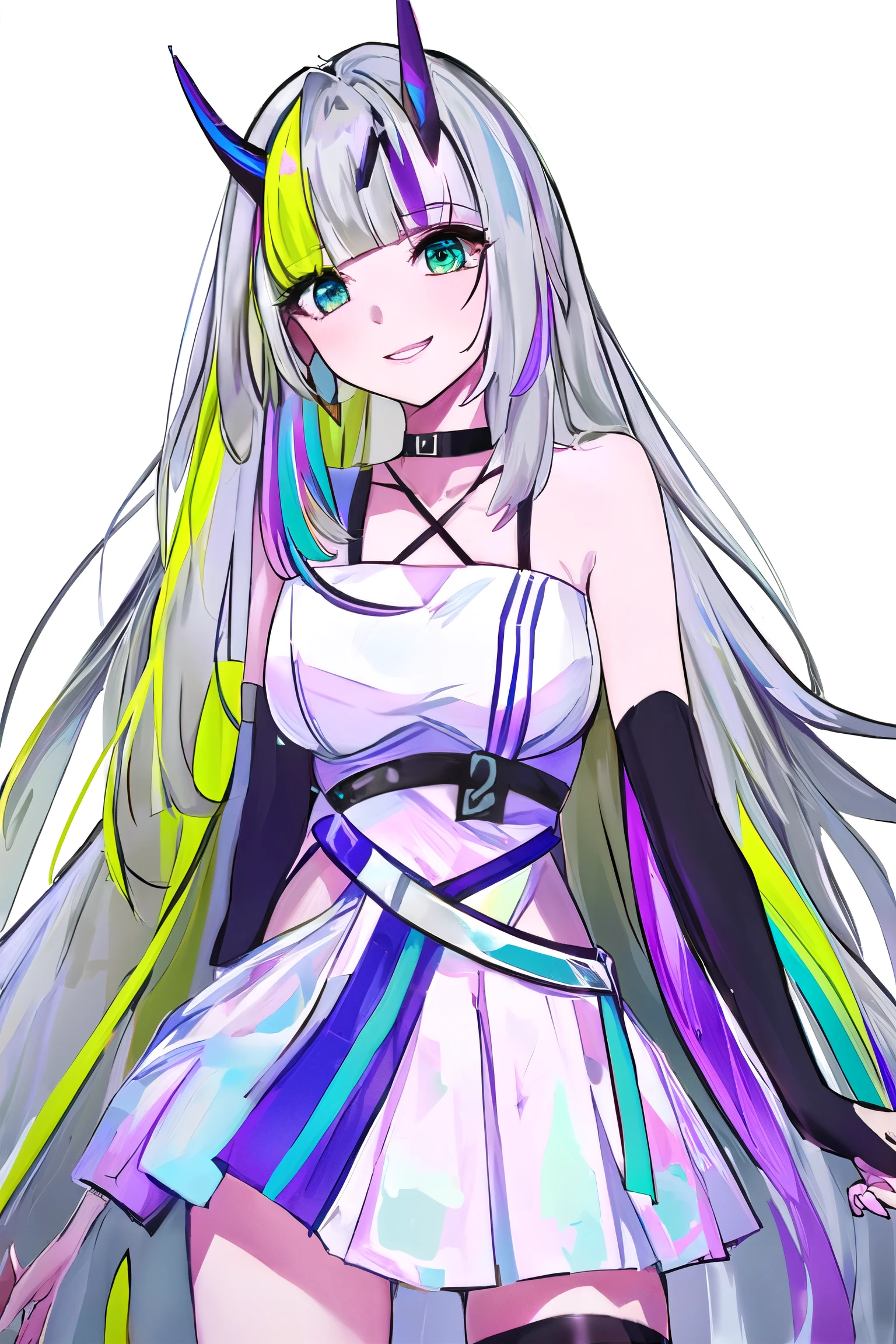 a photo of the nice 1girl, 
1girl, aqua eyes,    bangs,   , black choker,   cowboy shot, dress,   elbow gloves,   eyeshadow,   fingernails, gloves,  ony horns,  , long hair,   medium breasts,   multicolored hair,   short dress, simple background,  smile, solo, standing, thigh strap, very long hair, virtual youtuber, white background, white dress,  
 <lora:mashan_v2:0.75>, (masterpiece:1.2, best quality:1.2), (vibrant colors:1,4 , hdr:1.5,) [intricate details:0.4], (cinematic lighting), (high contrast),