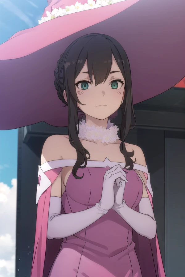 vlilaf, <lora:v lila f hnu-lora-nochekaiser:1>,
v lila f, brown hair, black hair, (green eyes:1.3), braid, sidelocks, hair bun, makeup, facial mark, single hair bun, hair between eyes, smile,
BREAK gloves, hat, dress, bare shoulders, elbow gloves, cape, witch hat, pink dress, witch,
BREAK outdoors, city, sun, clouds,
BREAK looking at viewer, (cowboy shot:1.5),
BREAK <lyco:GoodHands-beta2:1>, (masterpiece:1.2), best quality, high resolution, unity 8k wallpaper, (illustration:0.8), (beautiful detailed eyes:1.6), extremely detailed face, perfect lighting, extremely detailed CG, (perfect hands, perfect anatomy),