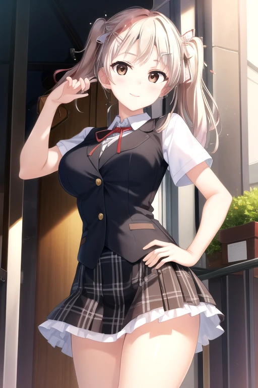 ((masterpiece)),(best quality),official art,extremely detailed CG,unity 8k wallpaper,ultra detailed,beautiful detailed eyes,extremely detailed face,1girl,solo,cowboy shot,looking at viewer,facing viewer,Momozono Hozumi(unoneno),smile,long hair,blonde hair,twintails,hair ornament,hairclip,hair ribbon,bangs,brown eyes,school uniform,short sleeves,black vest,collared shirt,neck ribbon,red ribbon,white shirt,large breasts,miniskirt,frilled skirt,black skirt,plaid skirt,white socks,loafers,<lora:Momozono Hozumi(unoneno):0.9>,