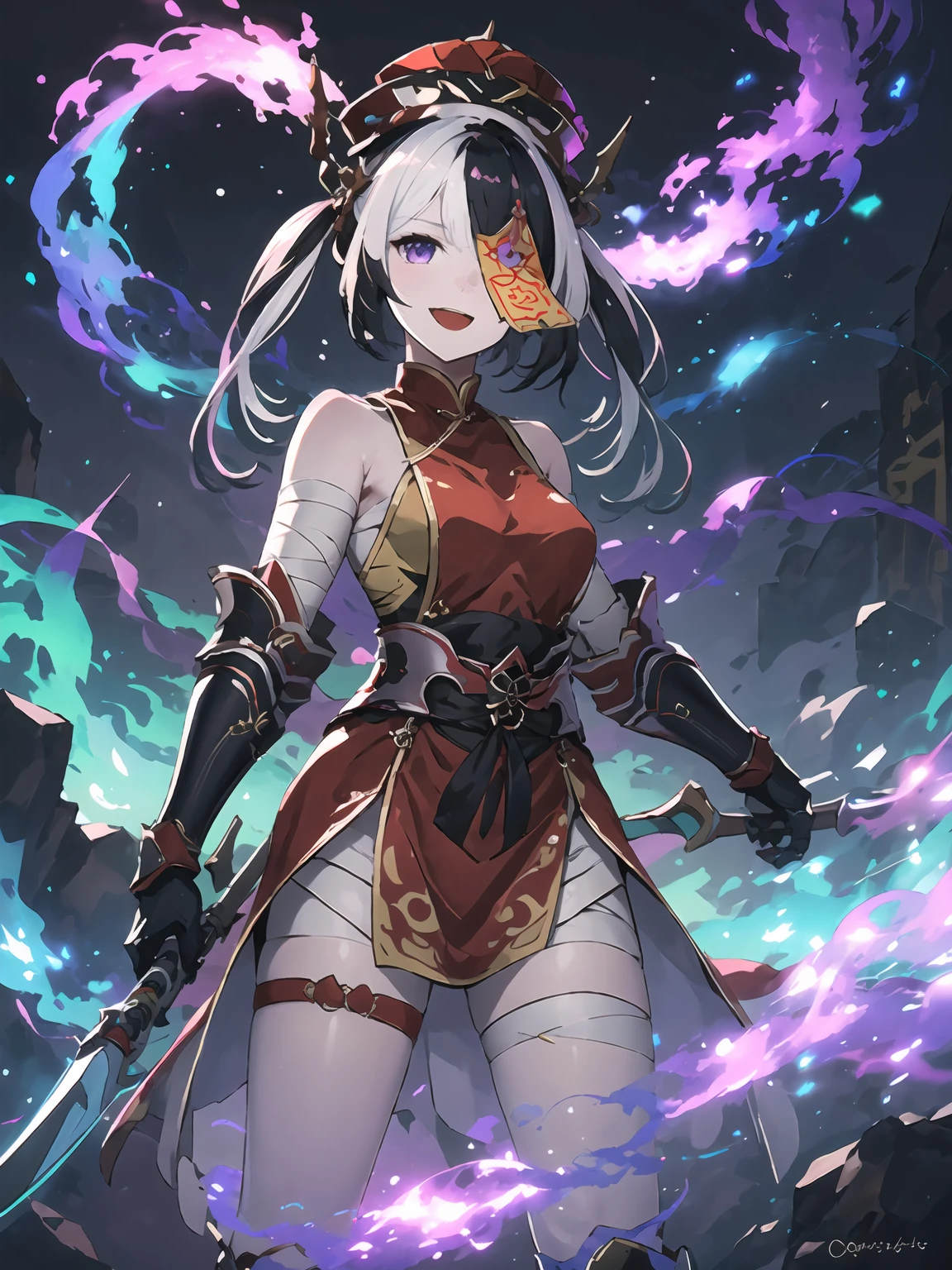 masterpiece,best quality,highres,cinematic lighting,dramatic angle,1girl,<lora:ShadowverseFightingJiangshiV14:0.8:lbw=jiangshi3>,black hair,white hair,two-tone hair,hat,qing guanmao,hair ornament,twintails,purple eyes,ofuda,ofuda over one eye,one eye covered with ofuda,looking at viewer,red chinese clothes,bare shoulders,thigh strap,gauntlets,bandaged arms,bandaged legs,:d,holding weapon,polearm,flames,standing,serious,dynamic angle