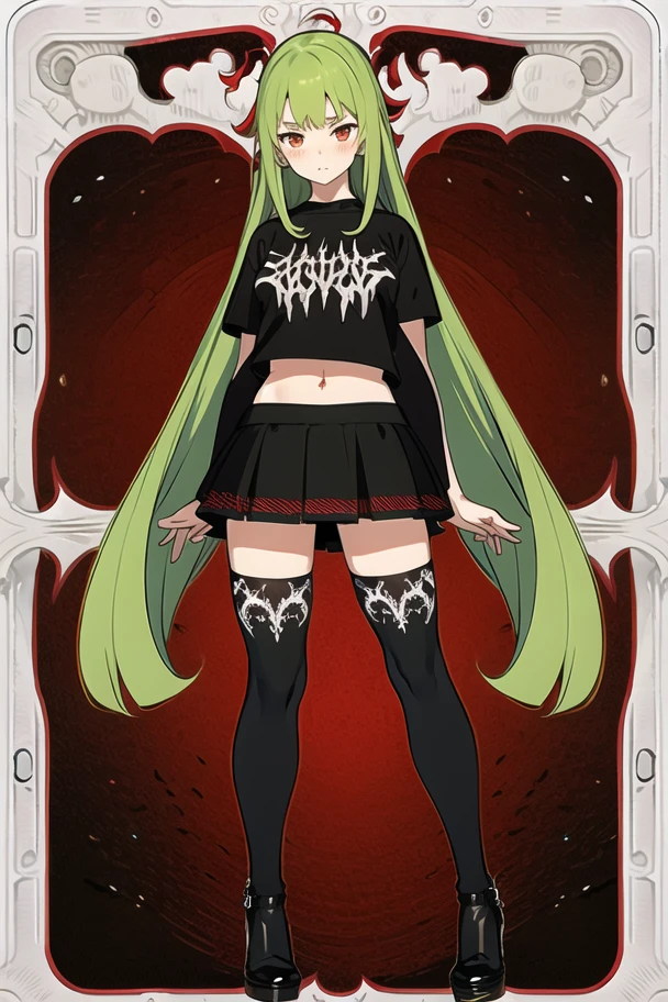 a full body shot of girl standing on a plain red background, <lora:animetarotV51:1>
1girl, solo, standing, looking at viewer, realist, shy, blush
very long hair, lime green hair, red eyes
exposed arms and shoulders, black shirt, (print on shirt:1.2), (black metal print shirt:1.4), <lora:DeathMetal:1>, (underboob:1.2), navel, midriff
skirt
(wihte:1.2), white thighhighs, black high-heels