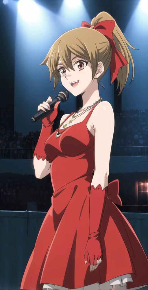AR, 1girl, solo, smile, (red) ruffle dress, necklace, high ponytail, elbow gloves, ribbons, singing, concert, crowd in background, spotlight on subject, perfect quality, good quality, masterpiece, HDR, UHD <lora:Alexis Rhodes-000003:0.65>
