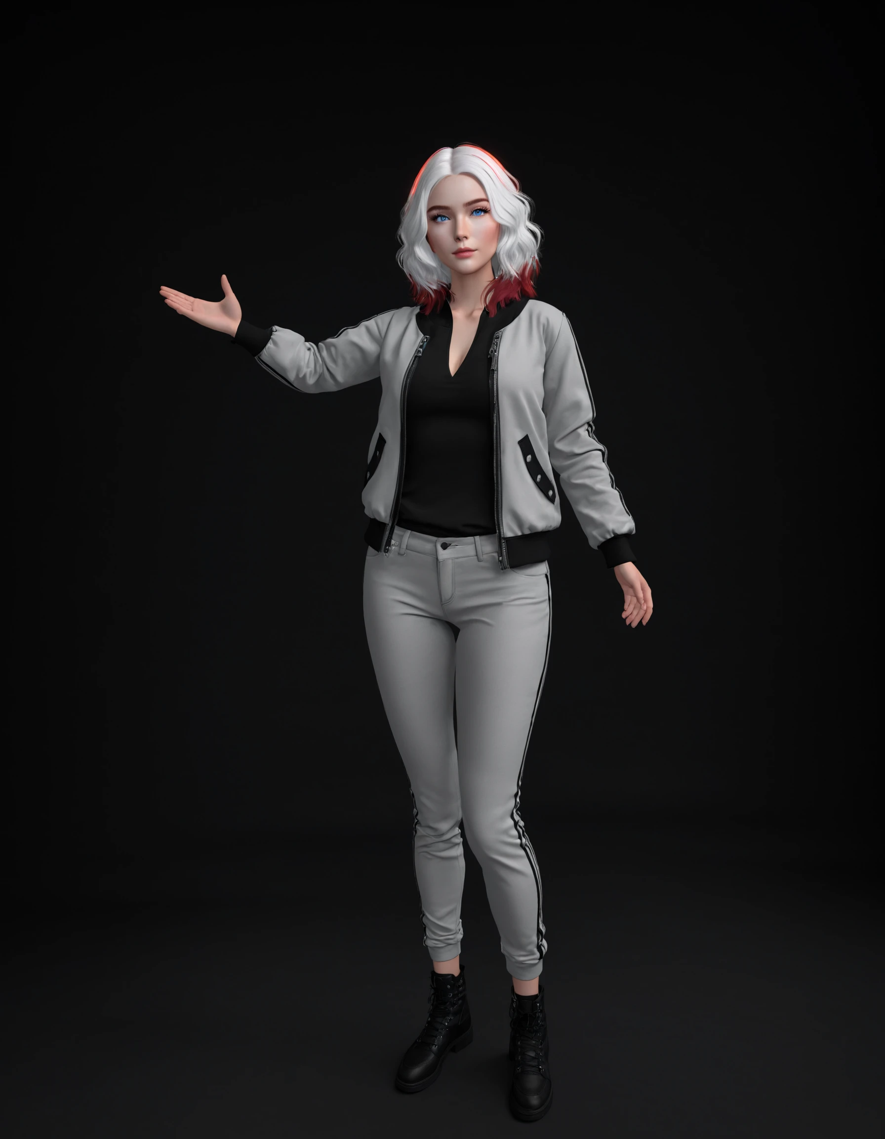 1girl, Tori Enyo, slsxl style, solo, looking at viewer, blue eyes, simple background, long sleeves, jacket, white hair, red hair, multicolored hair, cowboy shot, pants, hand up, two-tone hair, makeup, black background, arm at side, grey jacket, grey pants cinematic lighting, neon rim lighting, side lighting, rembrandt lighting, cinematic angle, masterpiece, best quality , <lora:SL_SDXLv1:0.8>