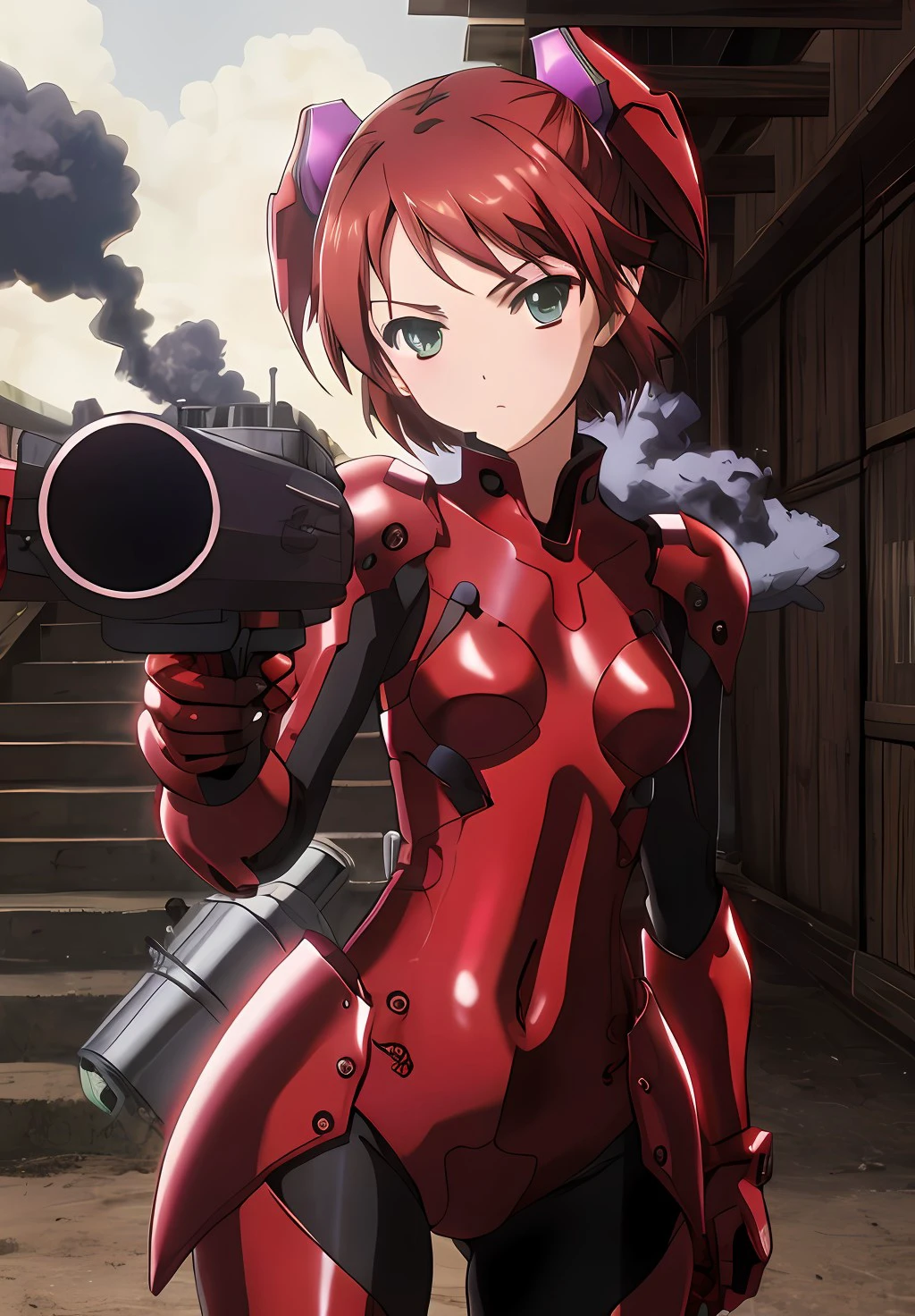 <lora:AccelWorld:0.6>, AccelWorld, Scarlet, solo, 1girl, looking at viewer, standing, weapon, cowboy shot, armor, blurry, head tilt, gun, smoke, stairs, arm cannon, firing, aiming at viewer, smoking gun