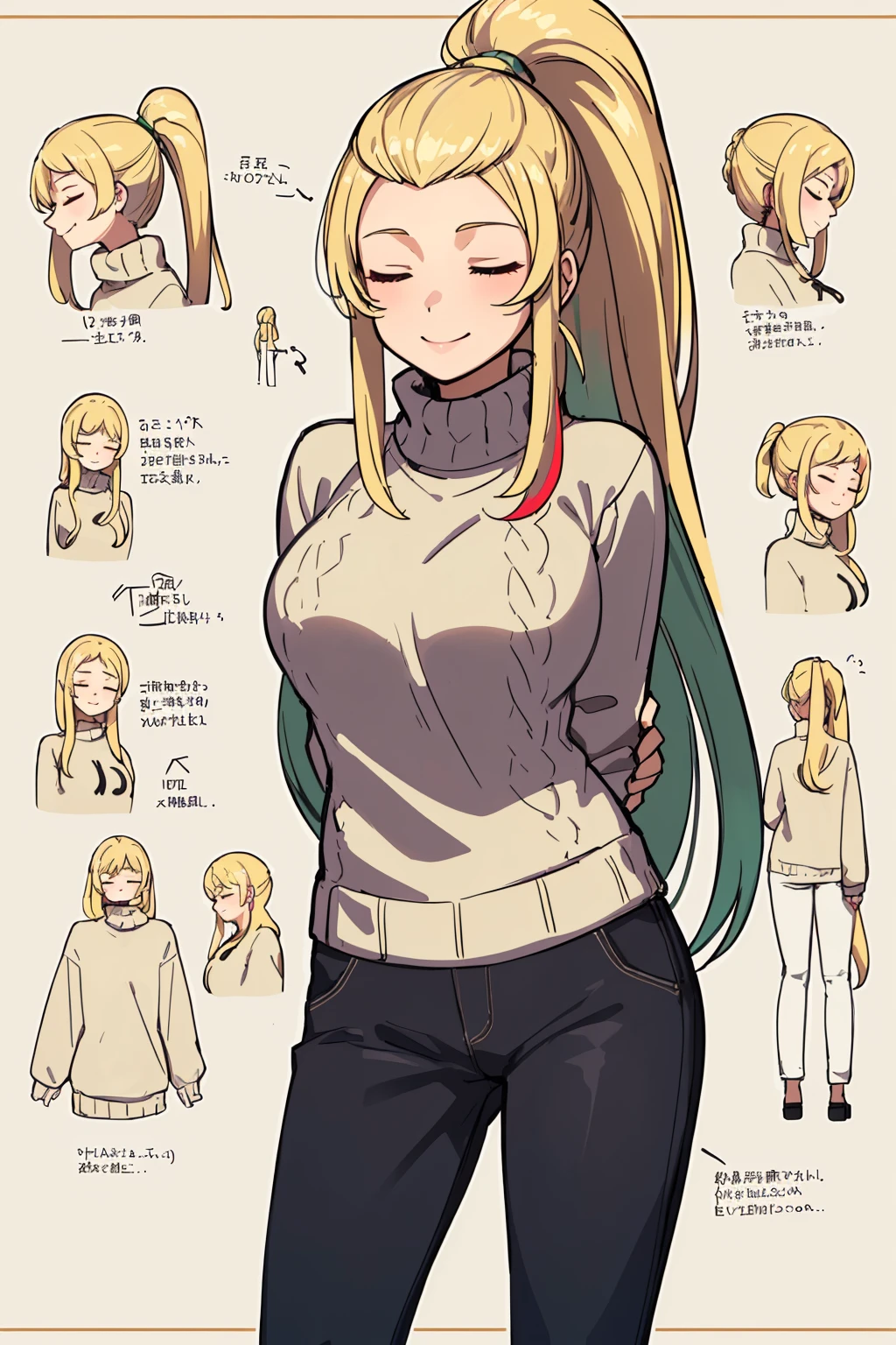 masterpiece, best quality, <lora:EPfeJade-06:0.7>, EPfeJade, blonde hair, very long hair, large breasts, ponytail, diagram, palace, evening, arms behind back, multicolored sweater, pants, (closed eyes:1.2), smile