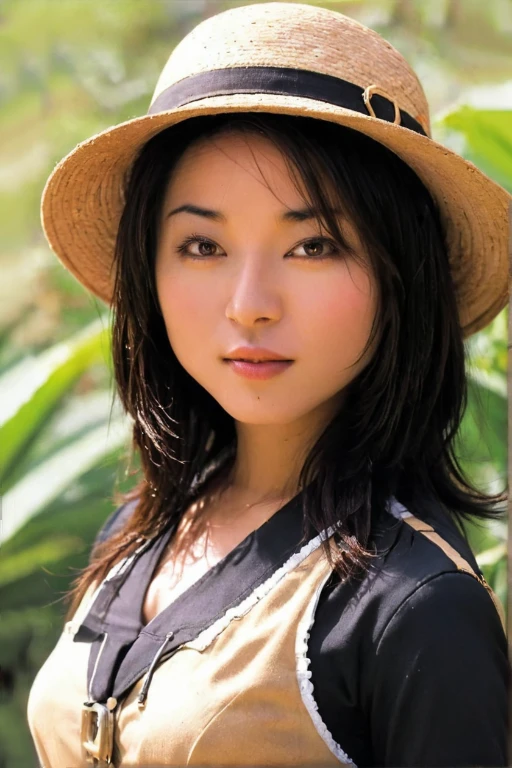 A portrait of a sawatari, black hair, with archeologist uniform, big brown strawhat, centered frame, 1:2 visible, front view, natural soft background color